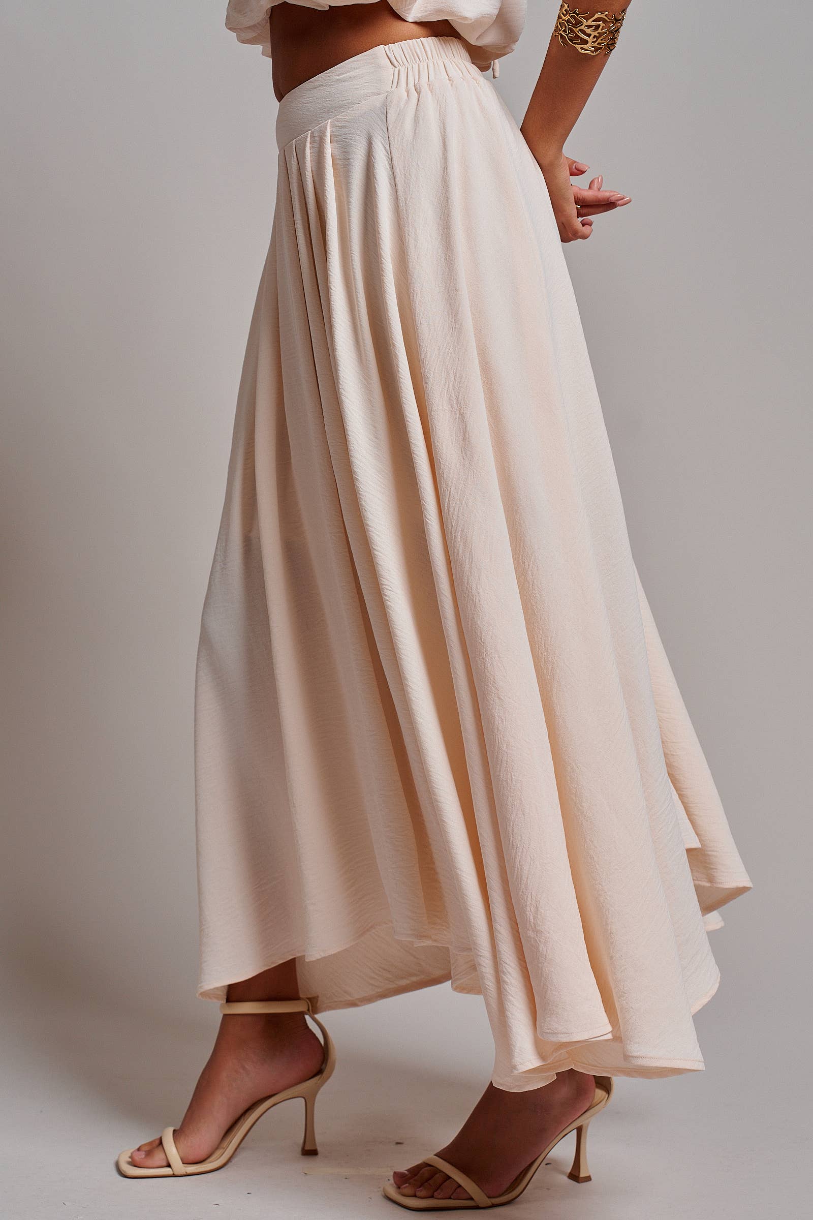 High-Waist Pleated High-Low Maxi Skirt