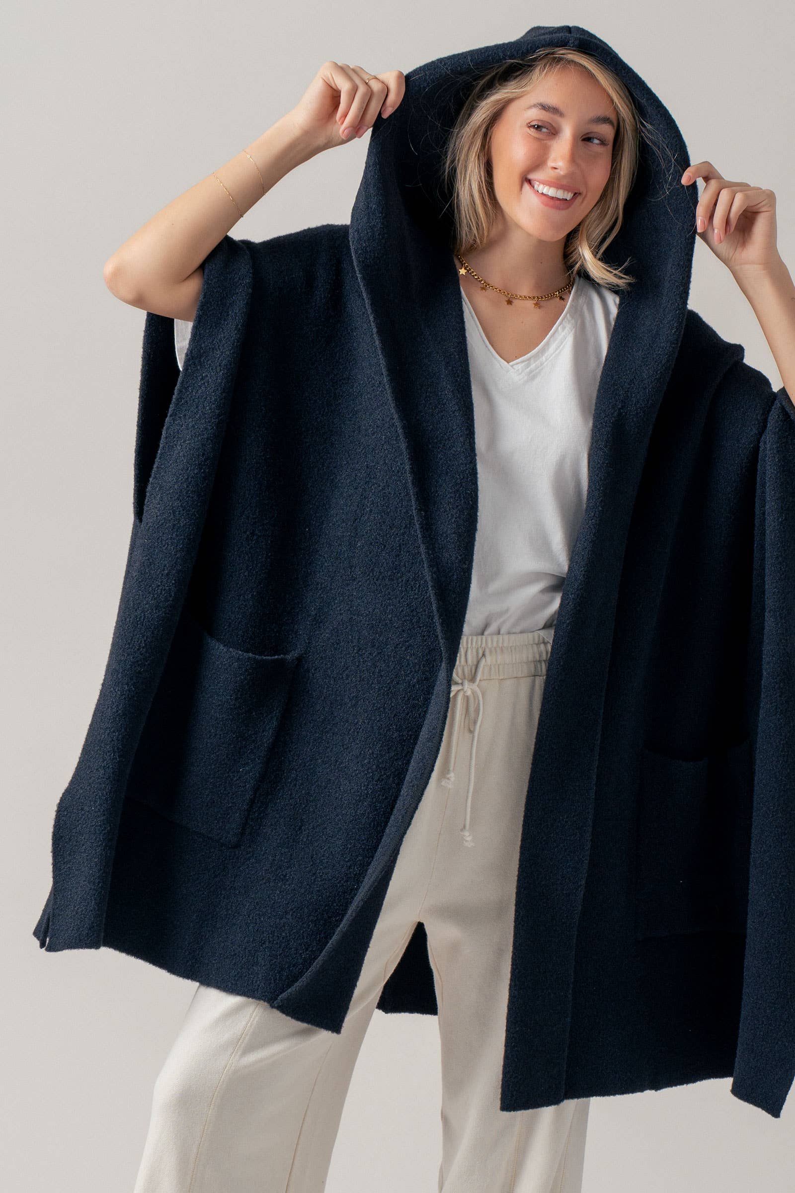 Oversized Cozy Hooded Open Front Knit Poncho