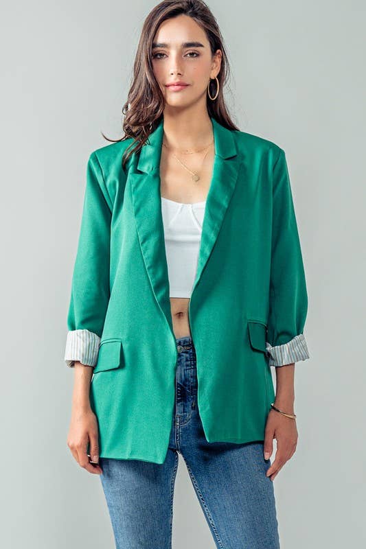 Urban Daizy Open Front Stripe Lining Long Blazer Jacket Green Blazer - Women's (UDZ-OT-00184) – alternate view 5