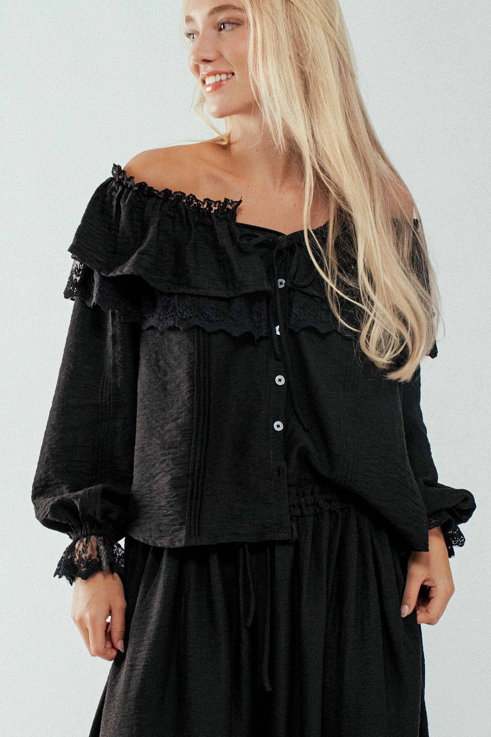 Lace Trim Ruffle Tie Neck Spring Blouse Top