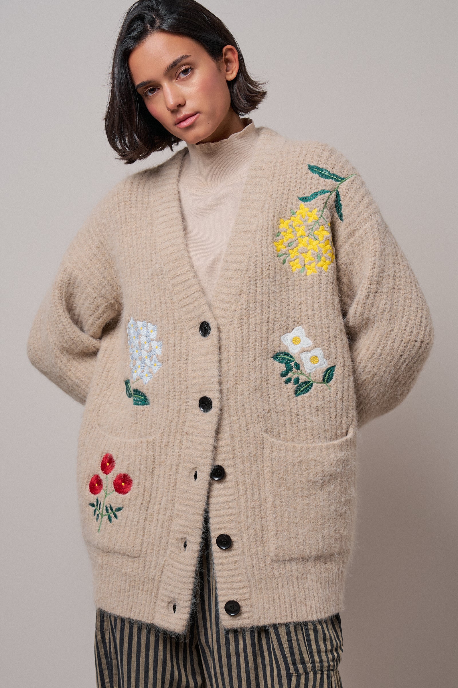 Floral Embroidered Oversized Knit Cardigan
