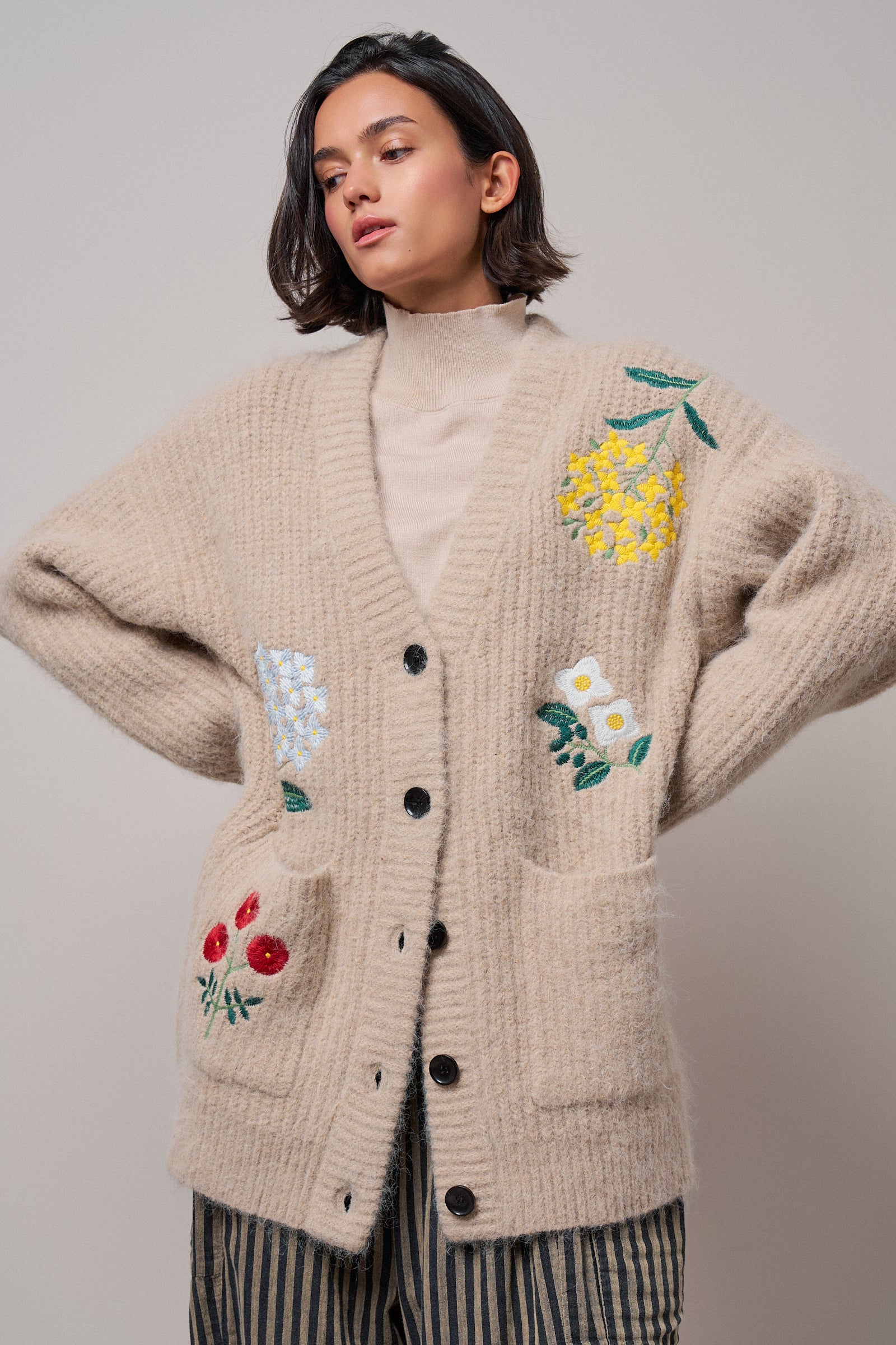 Floral Embroidered Oversized Knit Cardigan