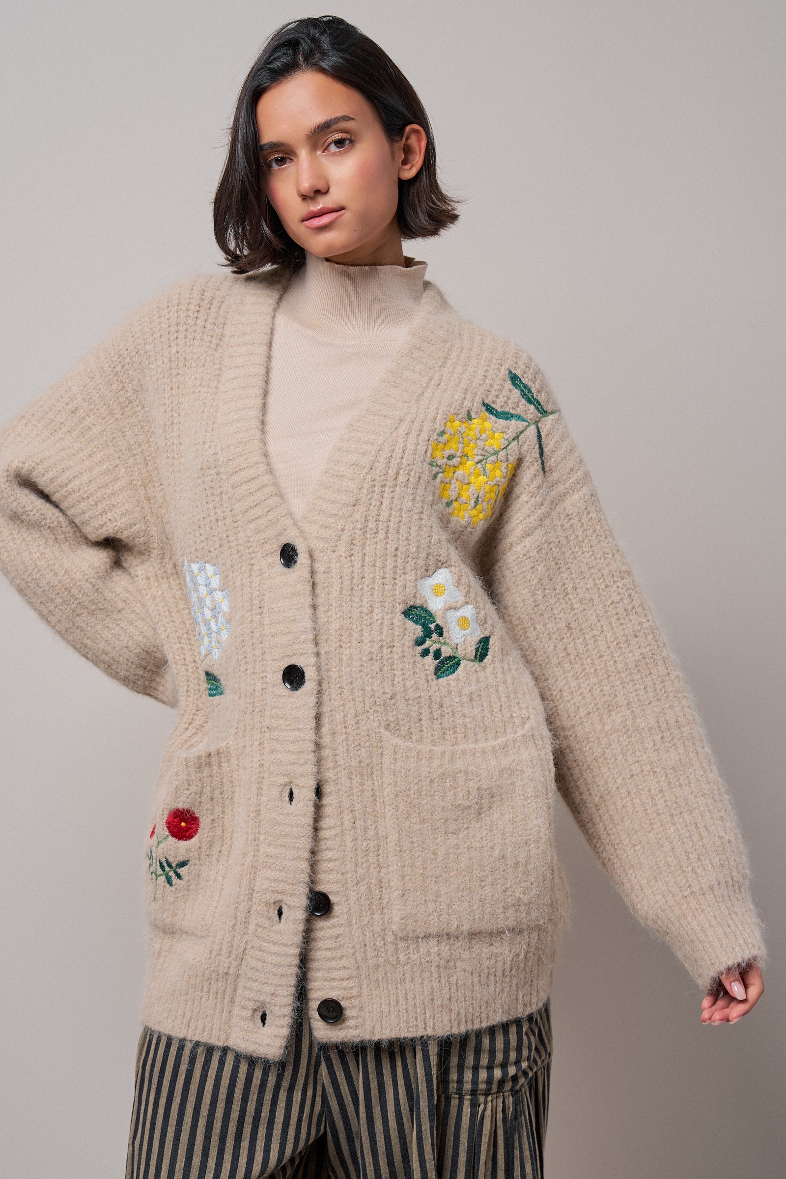Floral Embroidered Oversized Knit Cardigan