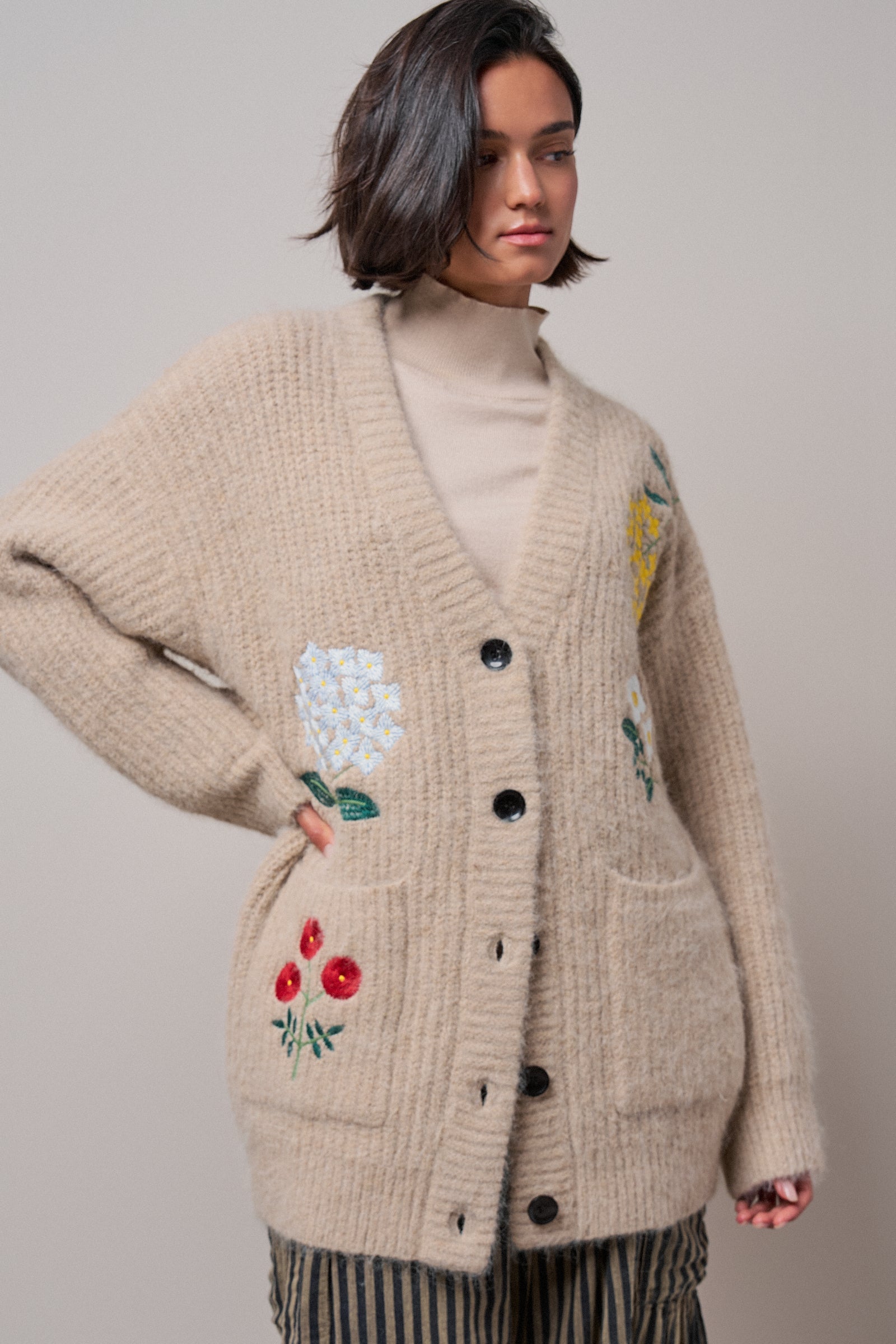 Floral Embroidered Oversized Knit Cardigan