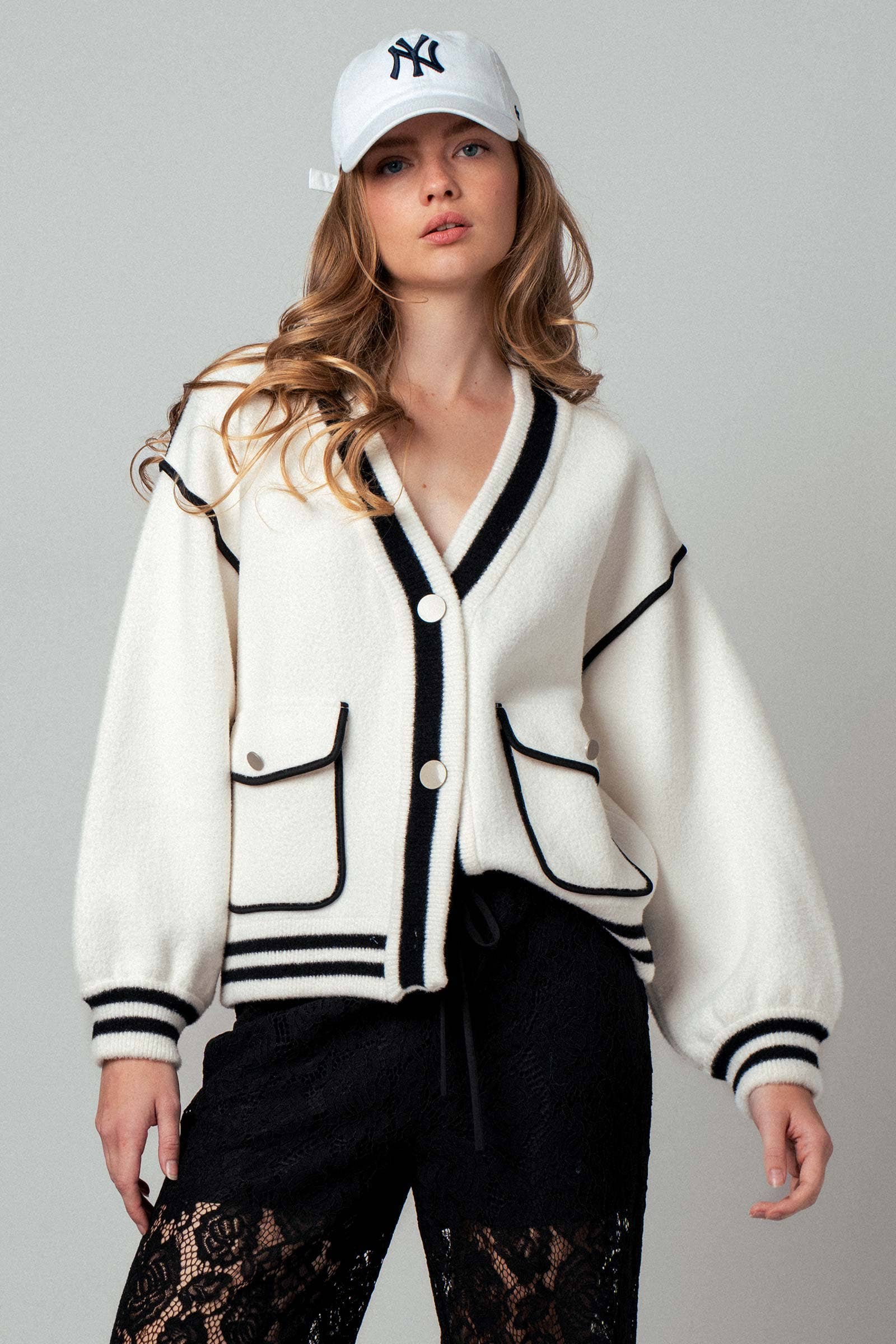 Contrast Trim Varsity Knit Cardigan