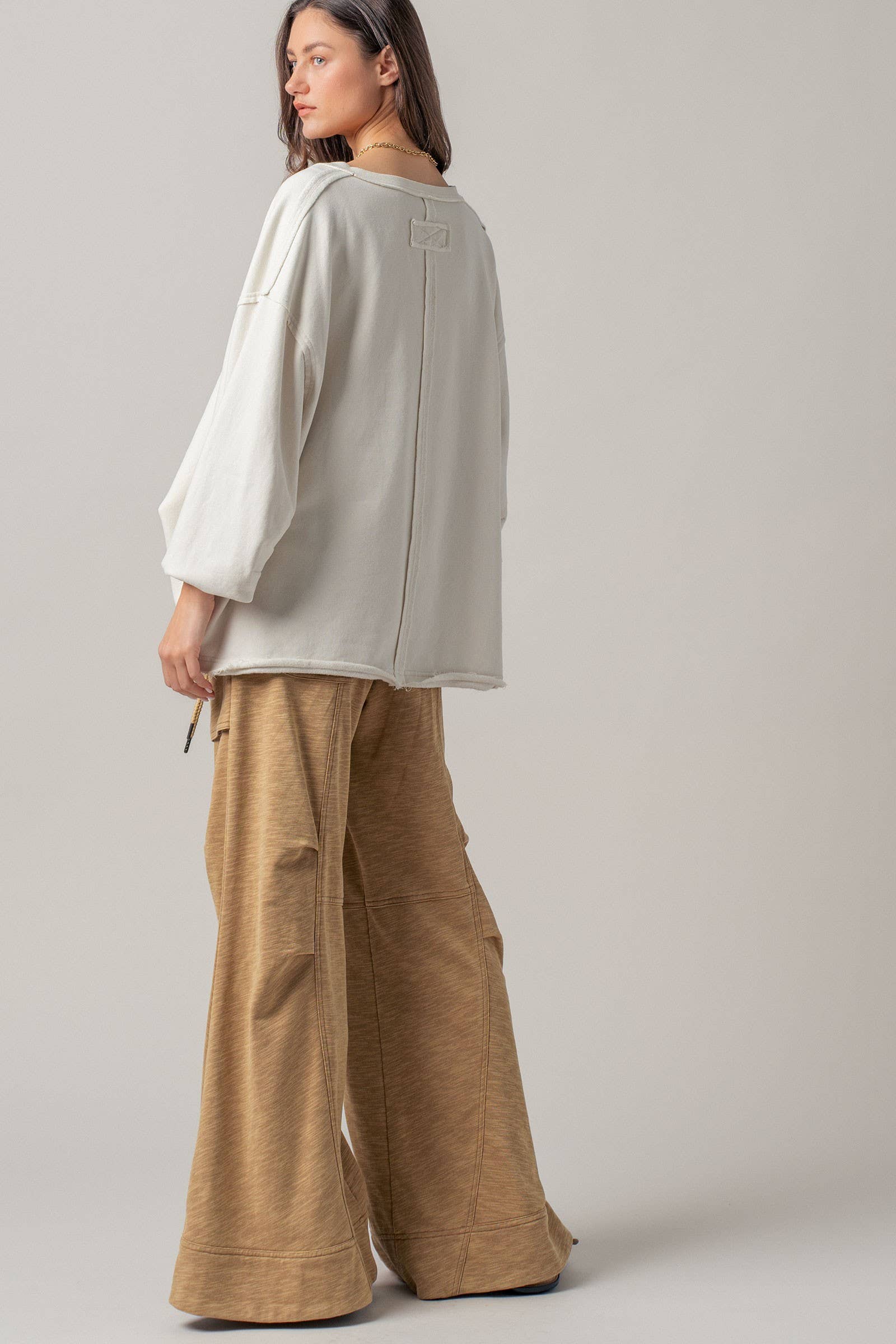 Drawstring Waist Seam Detail Wide-Leg Pants