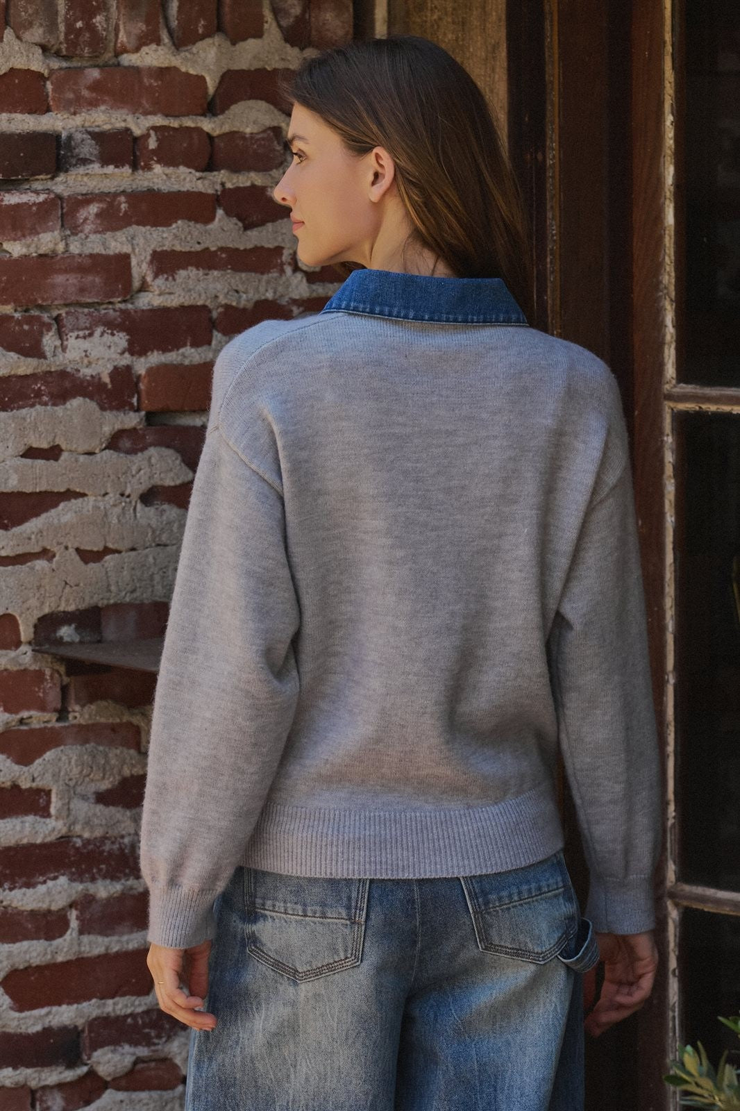 Denim Collar Polo Sweater with Gold Buttons in GREY - Women's Sweaters | Urban Daizy