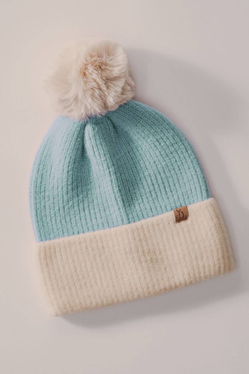 Urban Daizy Cozy Colorblock Ribbed Beanie with Faux Fur Pom Blue Beanie - Women's (UDZ-AC-00003)