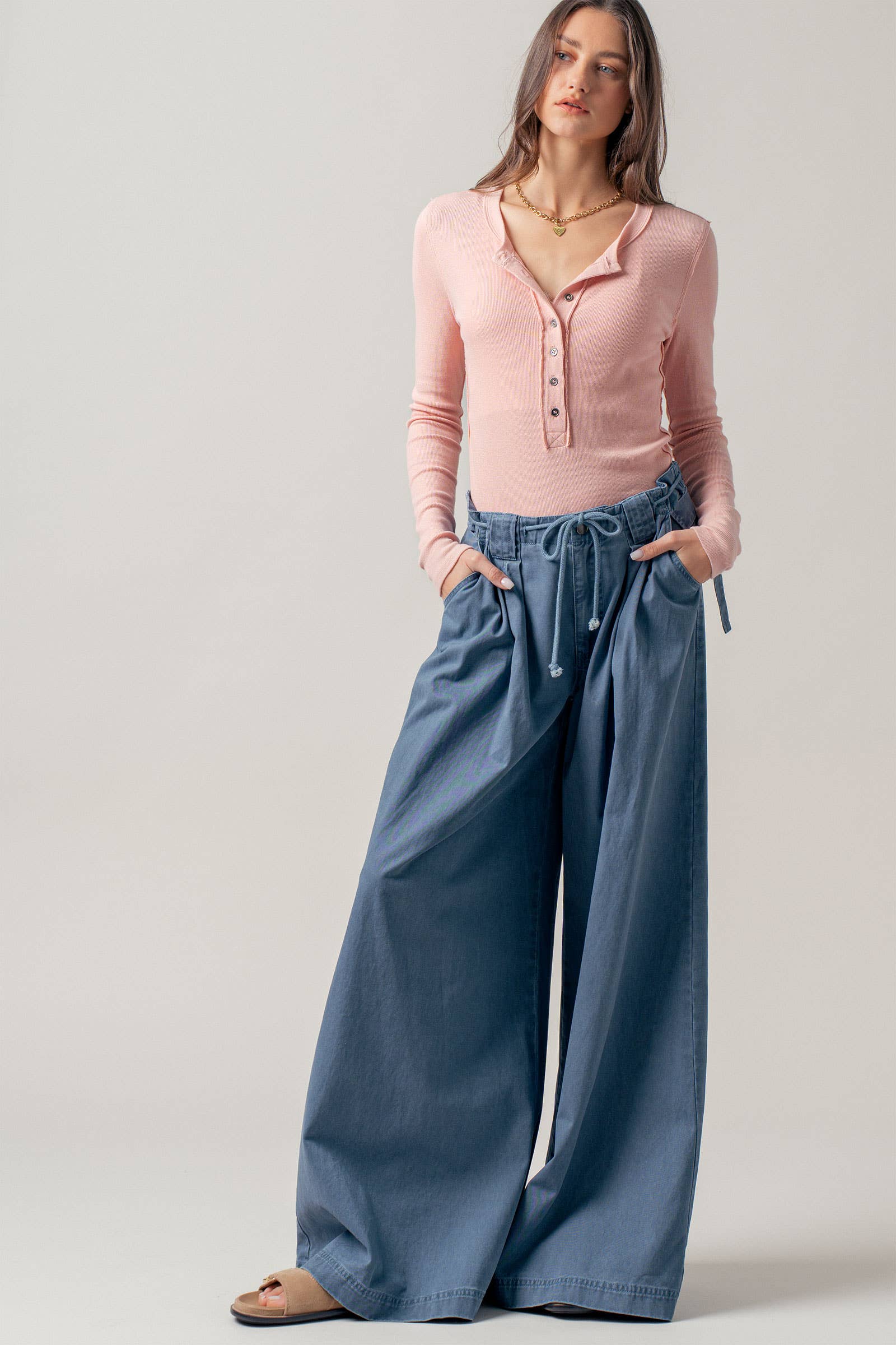 Wide-Leg Drawstring Denim Pants