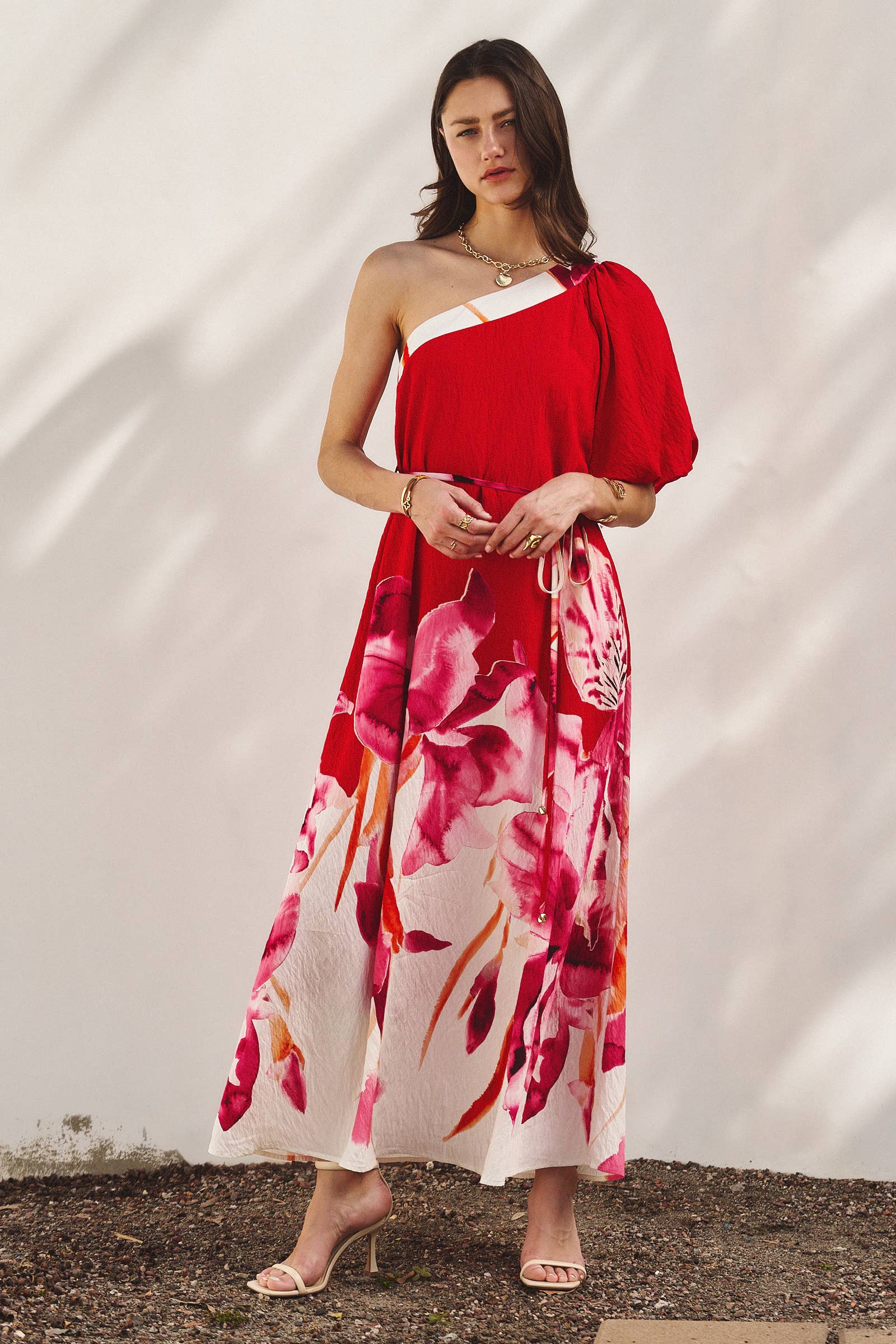 Urban Daizy Statement Floral One-Shoulder Maxi Dress Hot-Pink Dress - Women's (TNDR1638-Hot-Pink)