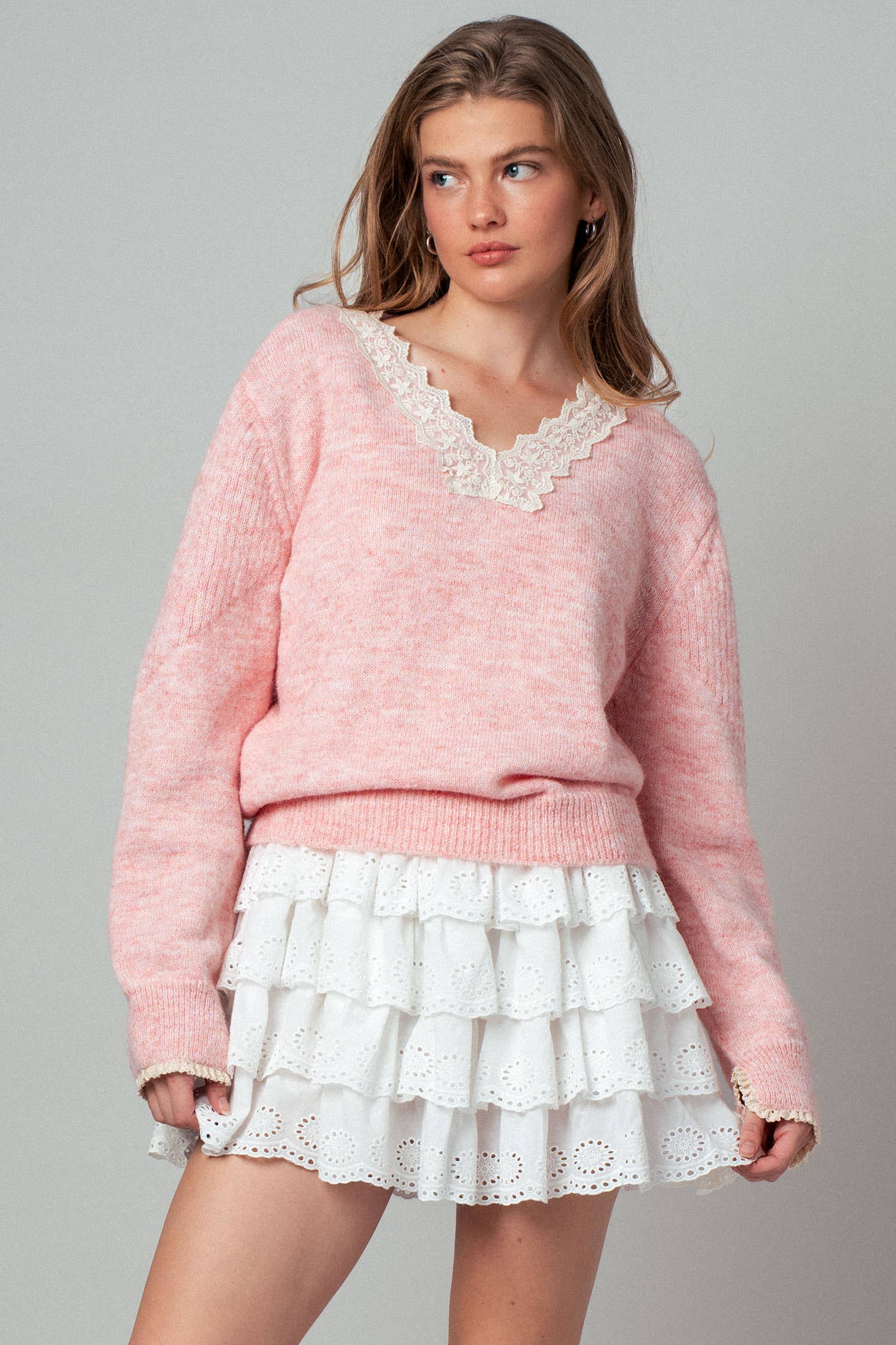 Lace Trim V-Neck Heathered Knit Sweater