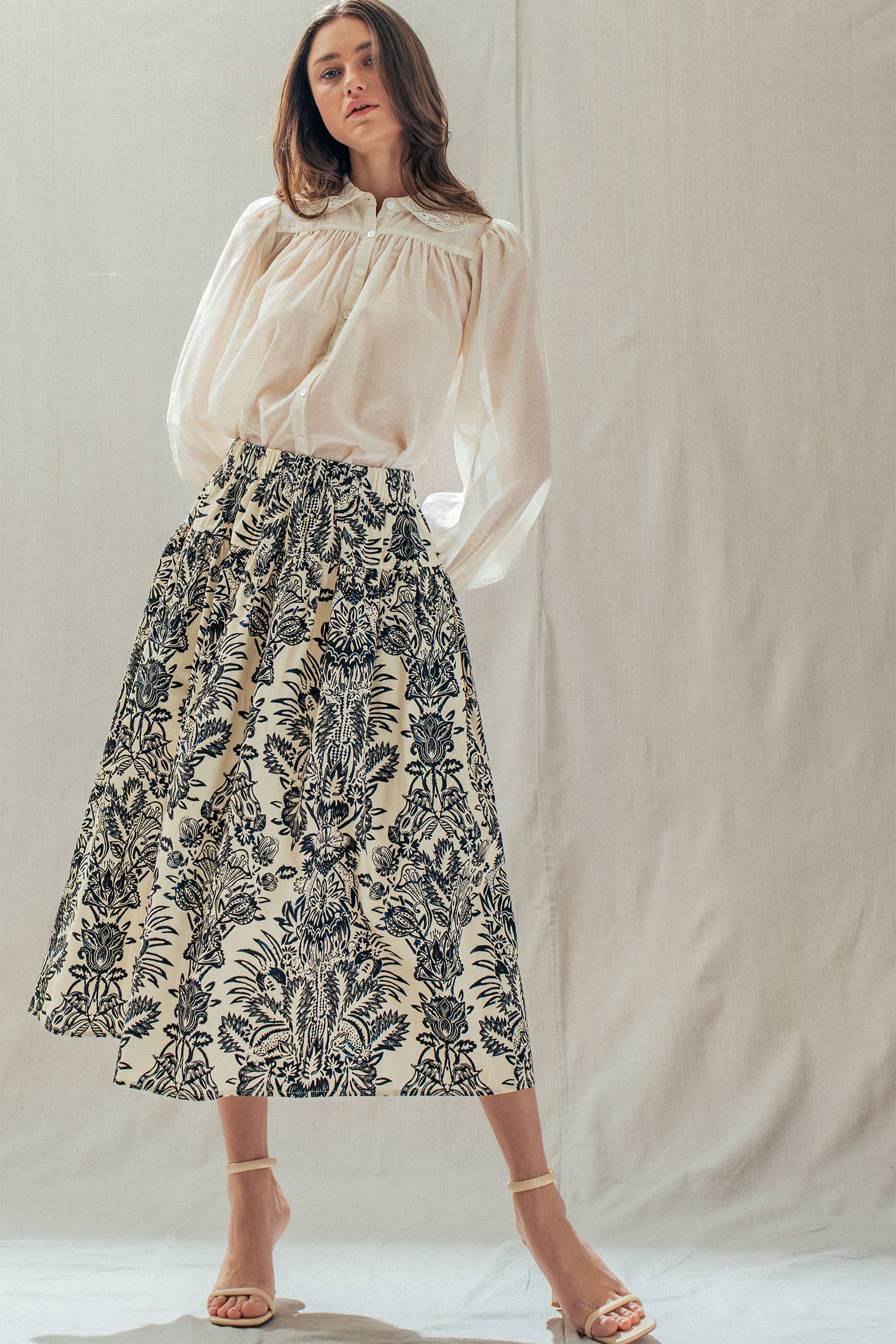 Urban Daizy Botanical Print Cotton Midi Skirt with Pockets Ivory-Black Skirt - Women's (UDSK0102) – alternate view 12