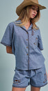 Sweet Cowgirl Boot Stitch Embroidered Shirt in BLUE - Women's Shirts & Blouses | Urban Daizy