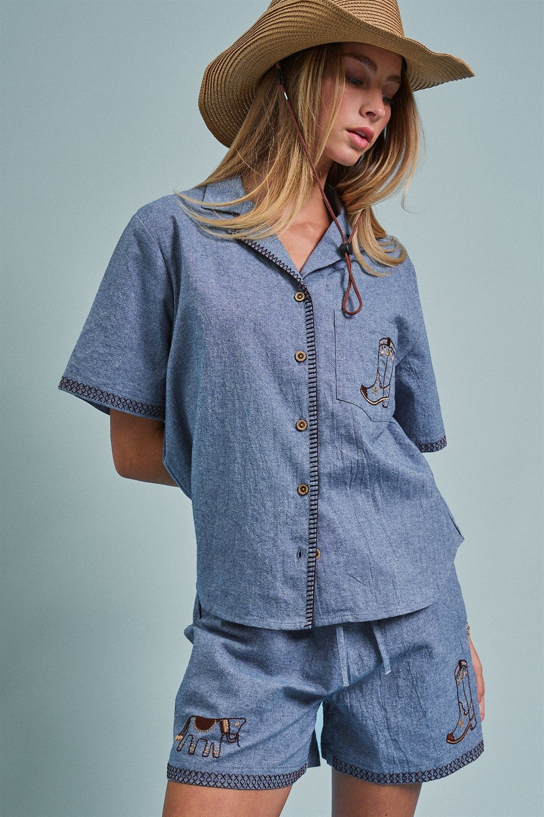 Sweet Cowgirl Boot Stitch Embroidered Shirt in BLUE - Women's Shirts & Blouses | Urban Daizy
