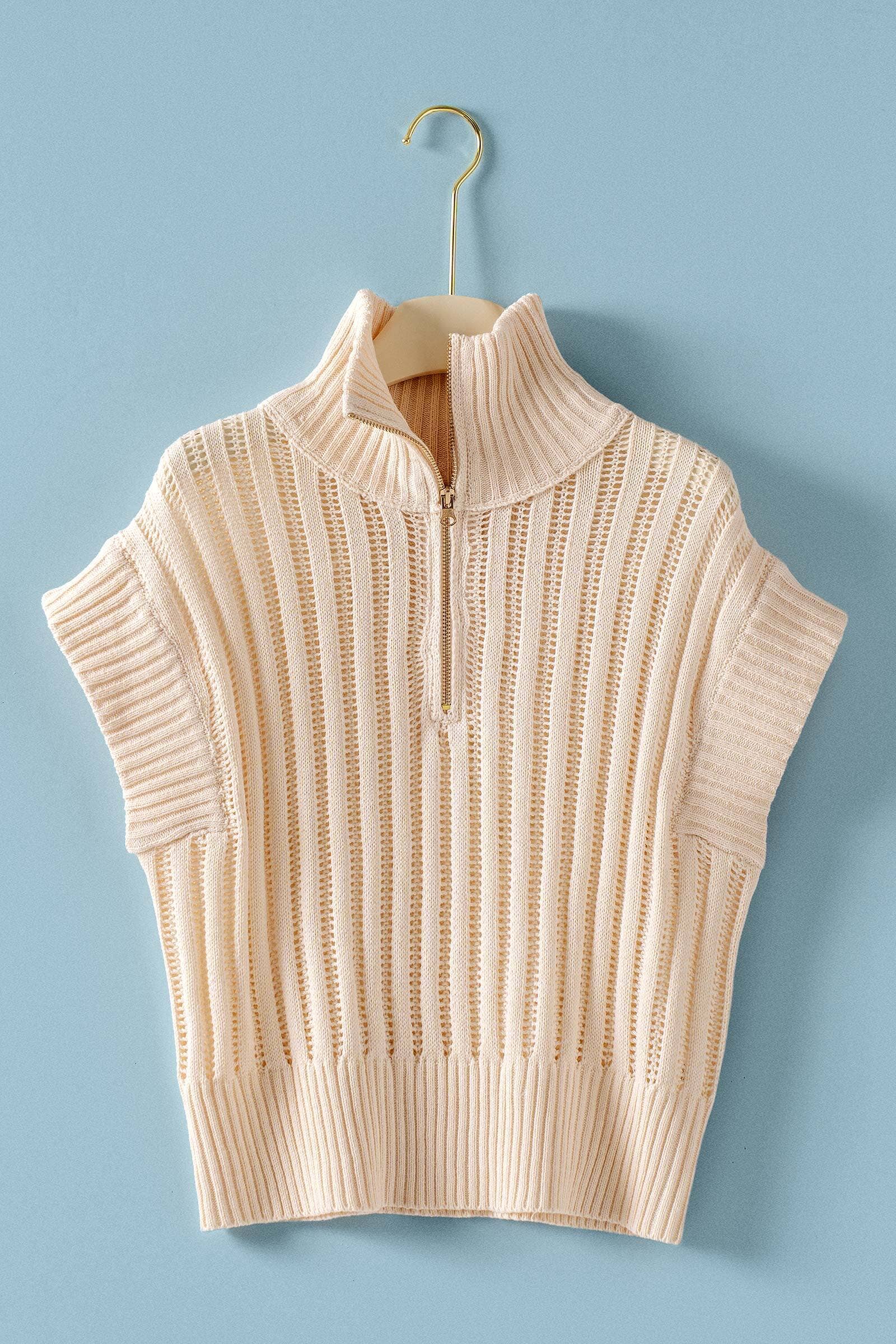 Urban Daizy Ribbed Knit Half-Zip Mock Neck Sweater Vest Ivory Knit Sweater - Women's (UDZ-KN-01053)