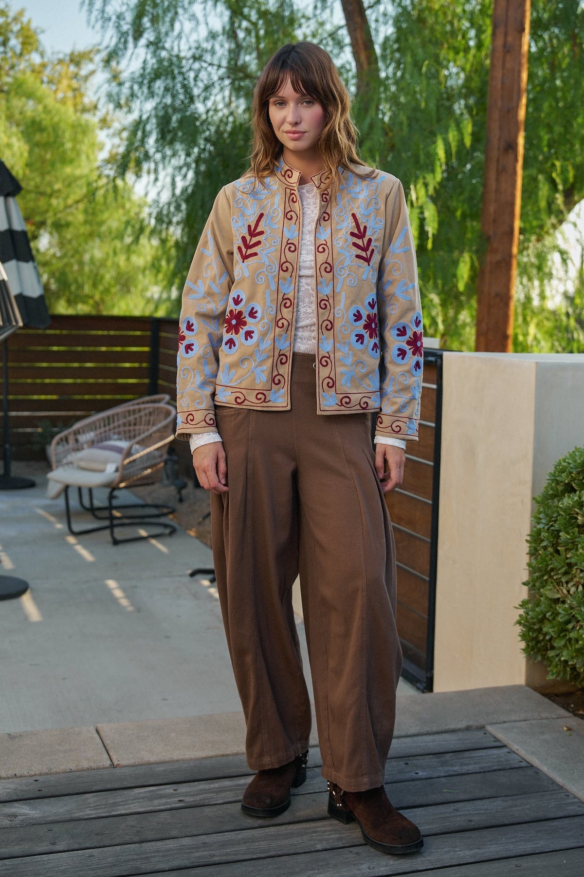 Embroidered Corduroy Jacket with Folk Floral Scroll in KHAKI - Women's Jackets & Blazers | Urban Daizy