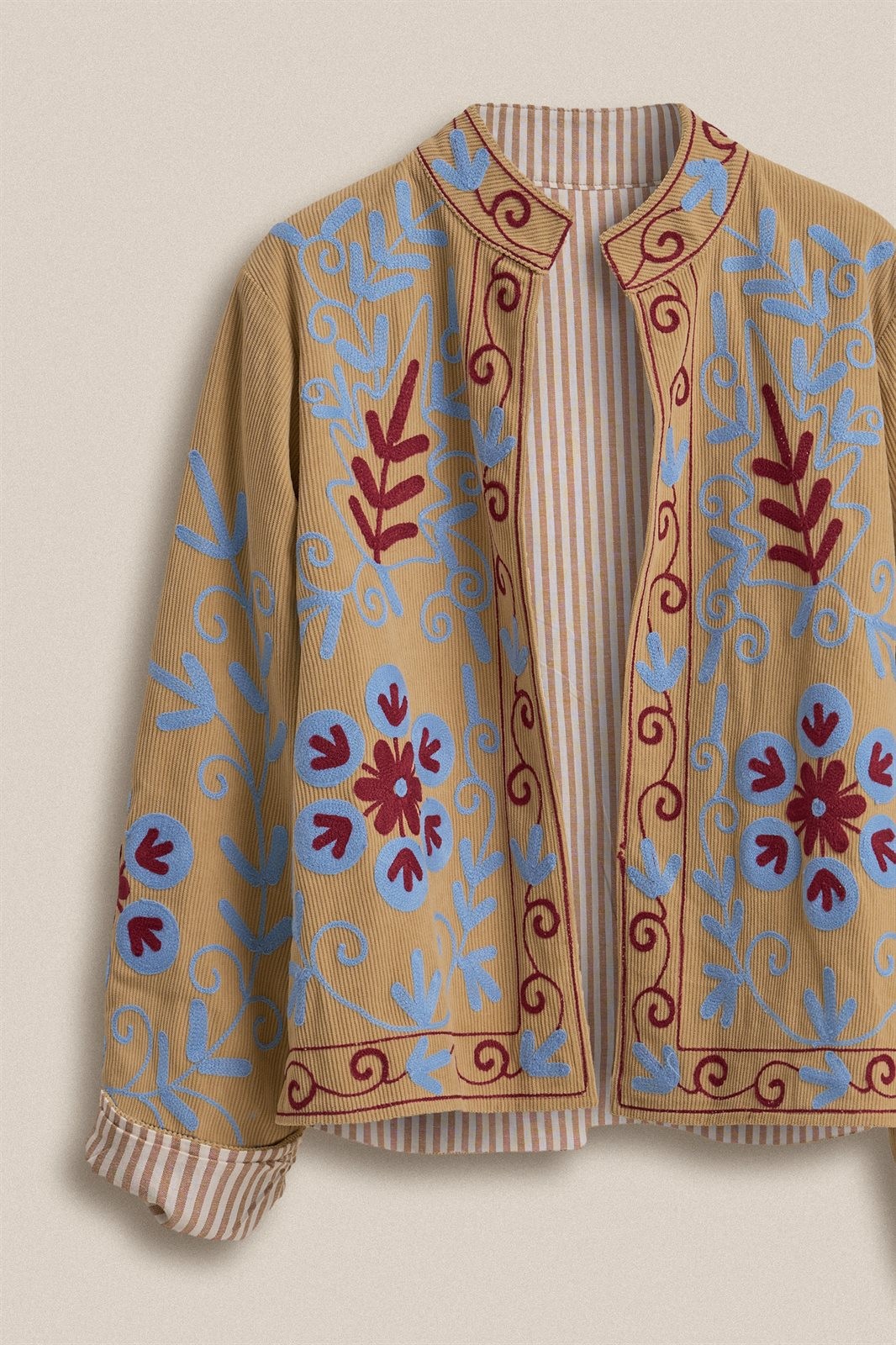Embroidered Corduroy Jacket with Folk Floral Scroll in KHAKI - Women's Jackets & Blazers | Urban Daizy