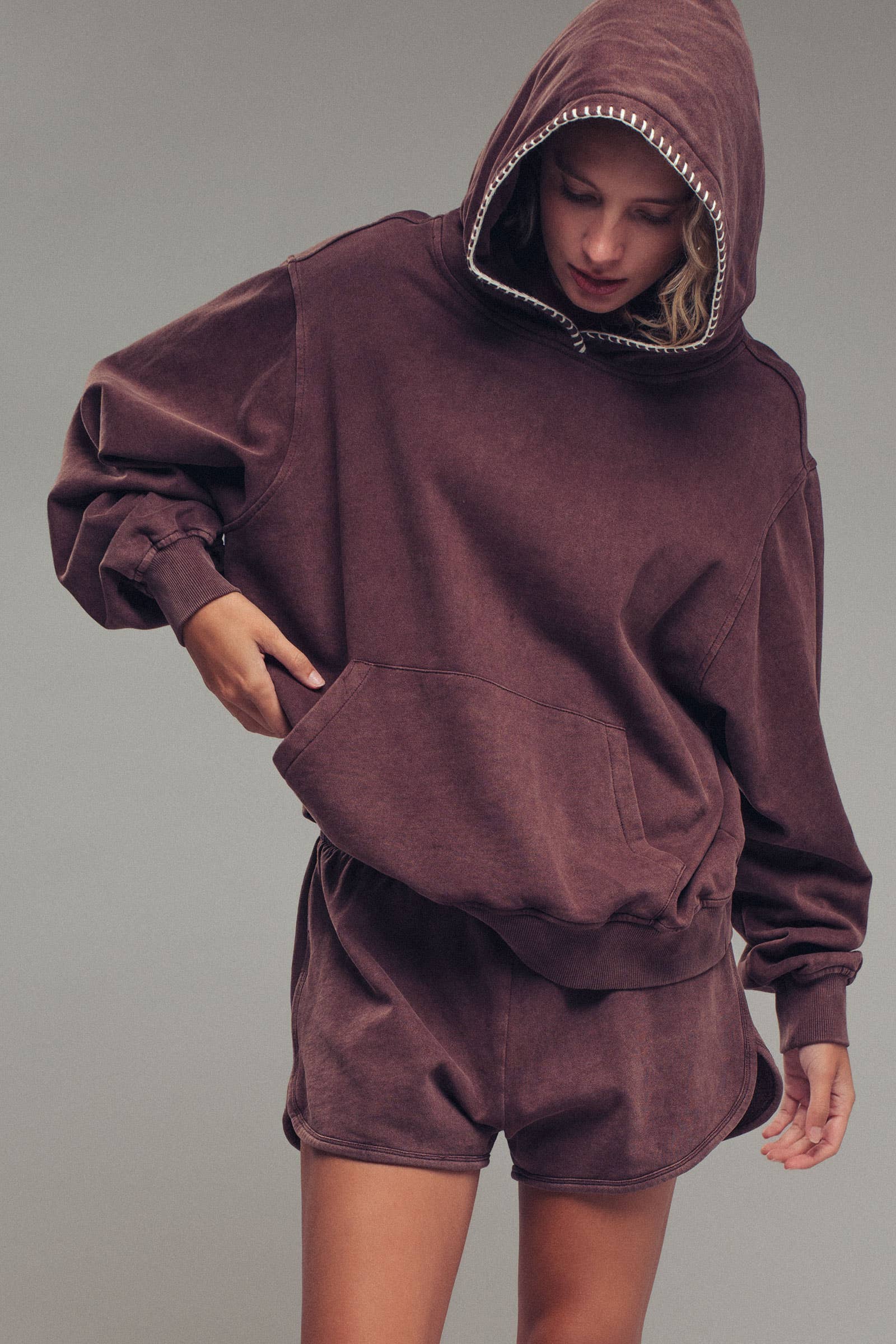 Vintage-Wash Crochet Trim Hooded Sweatshirt