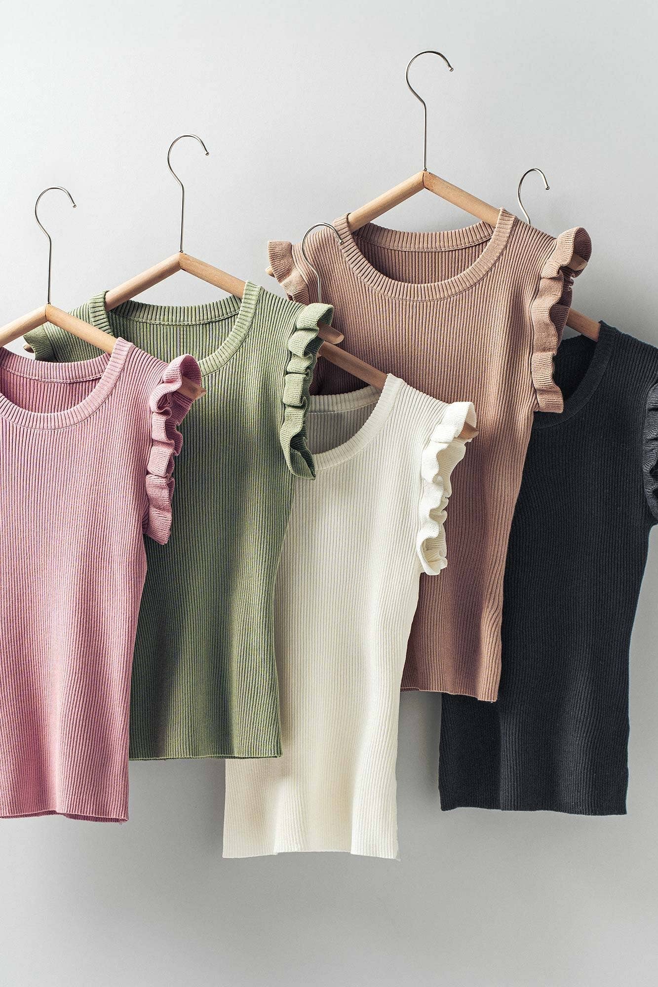 Urban Daizy Flutter Sleeve Ribbed Crew Neck Ruffle Tank Top Black Tank Top - Women's (UDZ-TP-00586) – alternate view 27