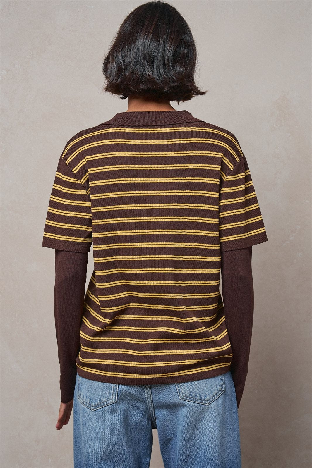 Striped Collared Layered Polo Top in BROWN - Women's Sweaters | Urban Daizy
