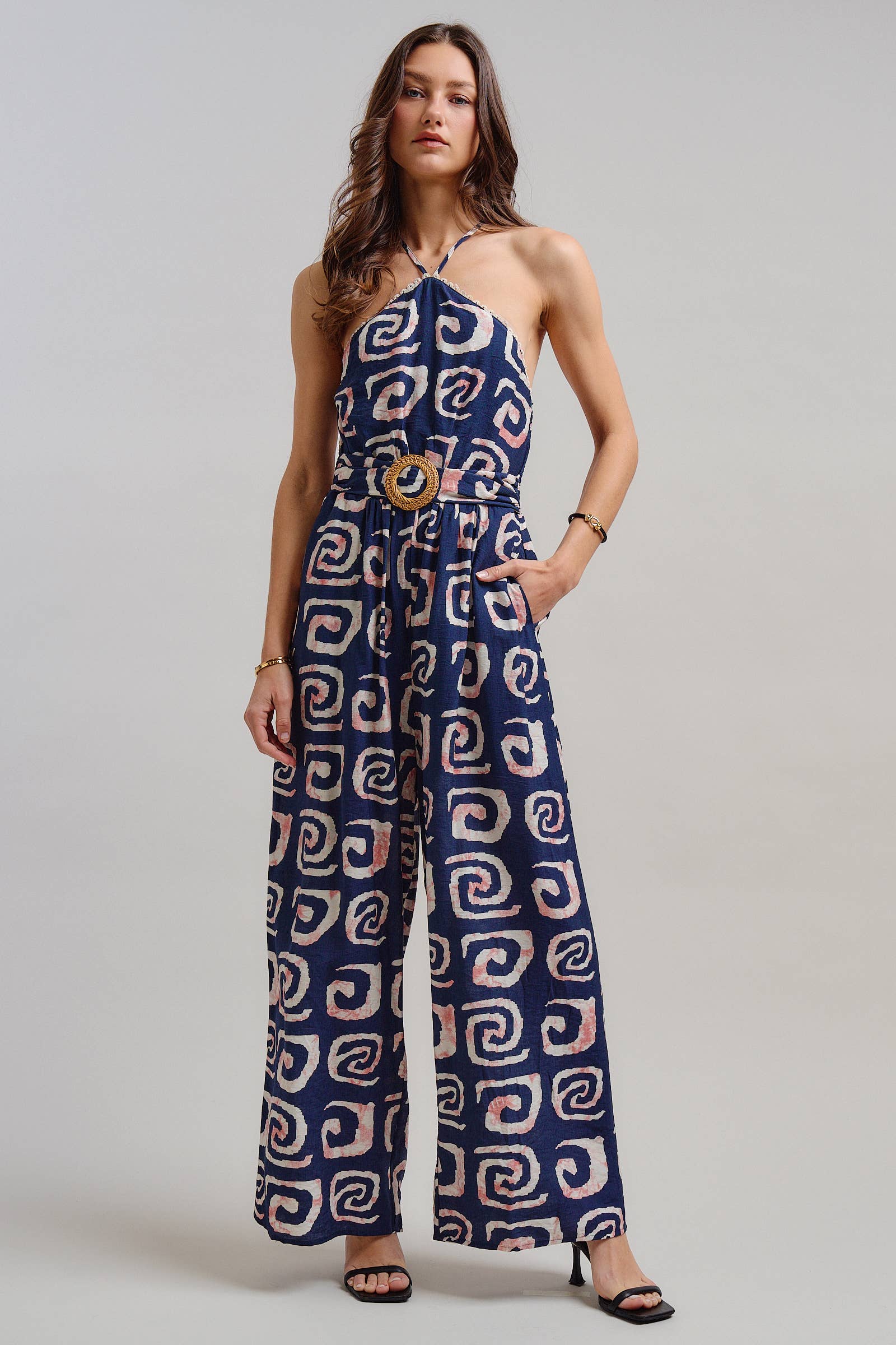Urban Daizy Geometric Print Halter Belted Wide Leg Jumpsuit Blush Jumpsuit - Women's (TNJU0181-Blush) – alternate view 18