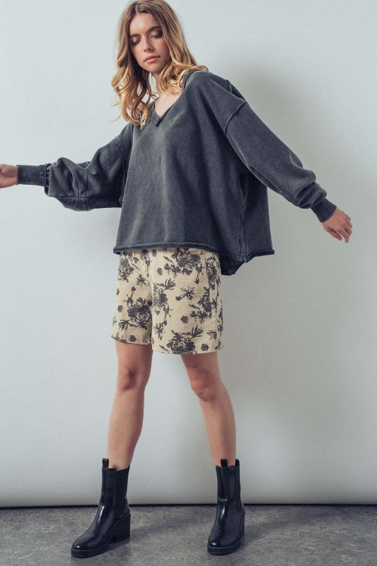 Relaxed Vintage V-Neck Oversized Sweatshirt in BLACK - Women's Sweatshirts & Hoodies | Urban Daizy
