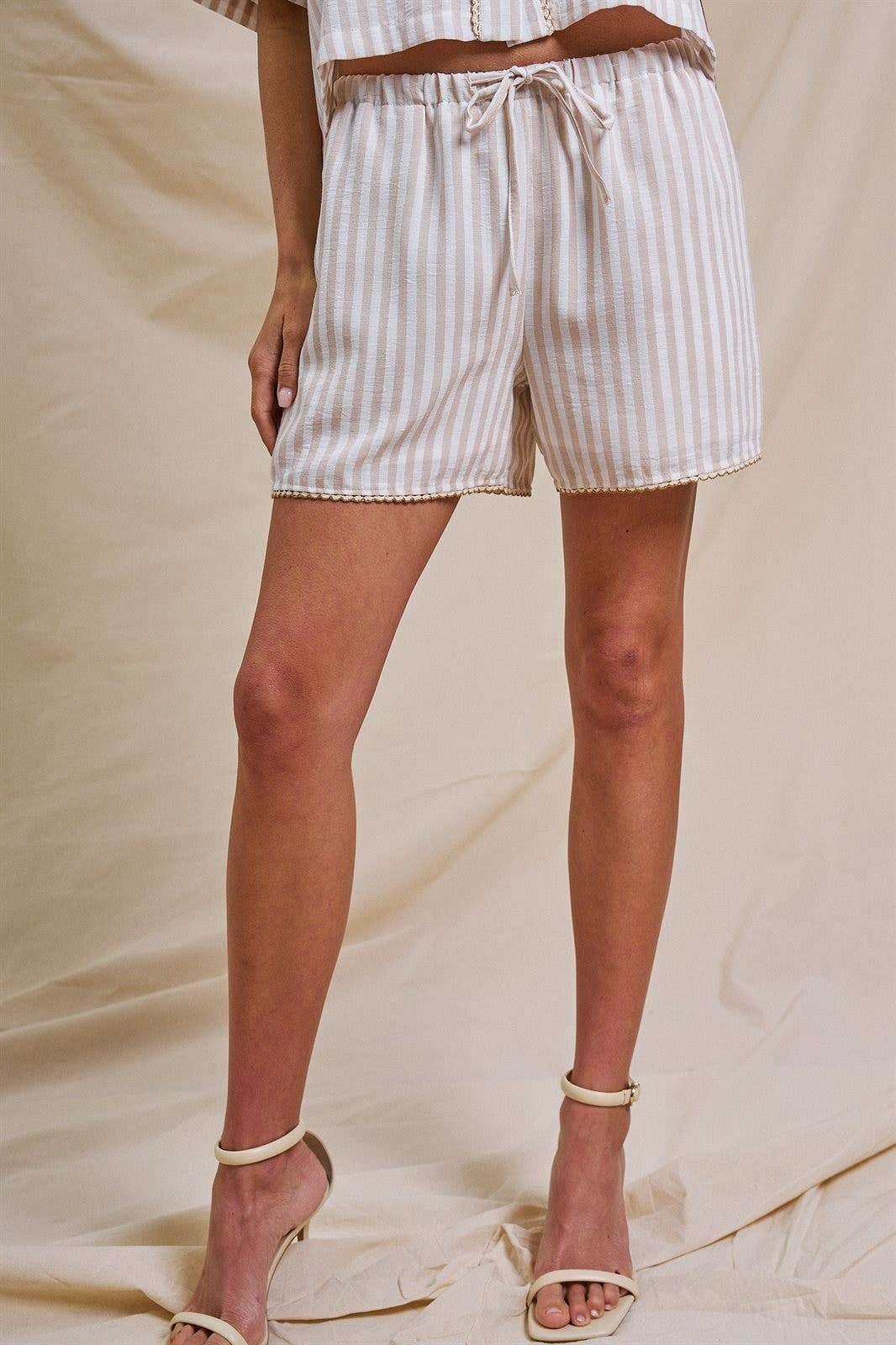 Urban Daizy Striped Scalloped Trim Drawstring Shorts Cream Shorts - Women's (UDZ-PT-00501-Cream) – alternate view 6