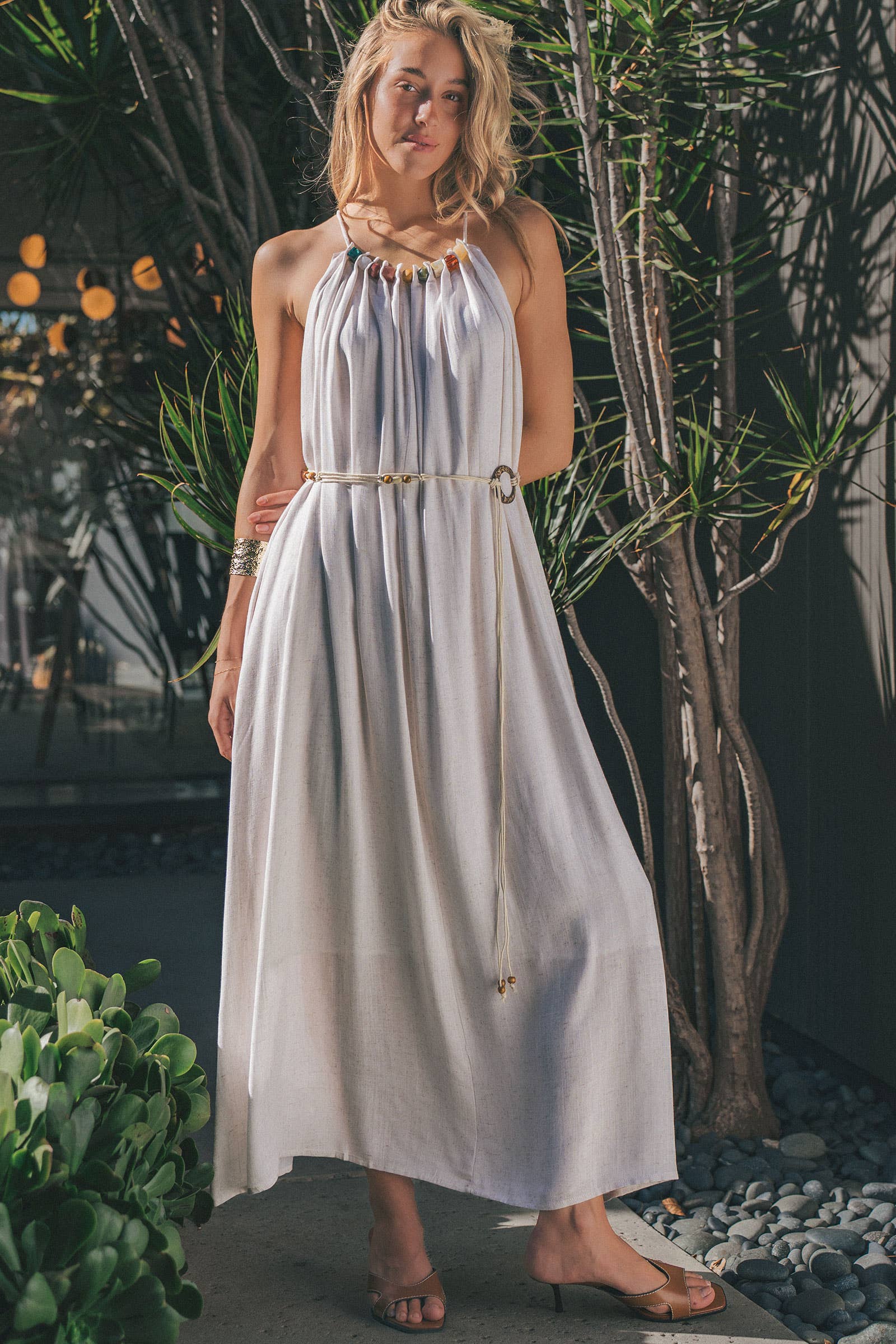 Beaded Halter Neck Linen Blend Maxi Dress