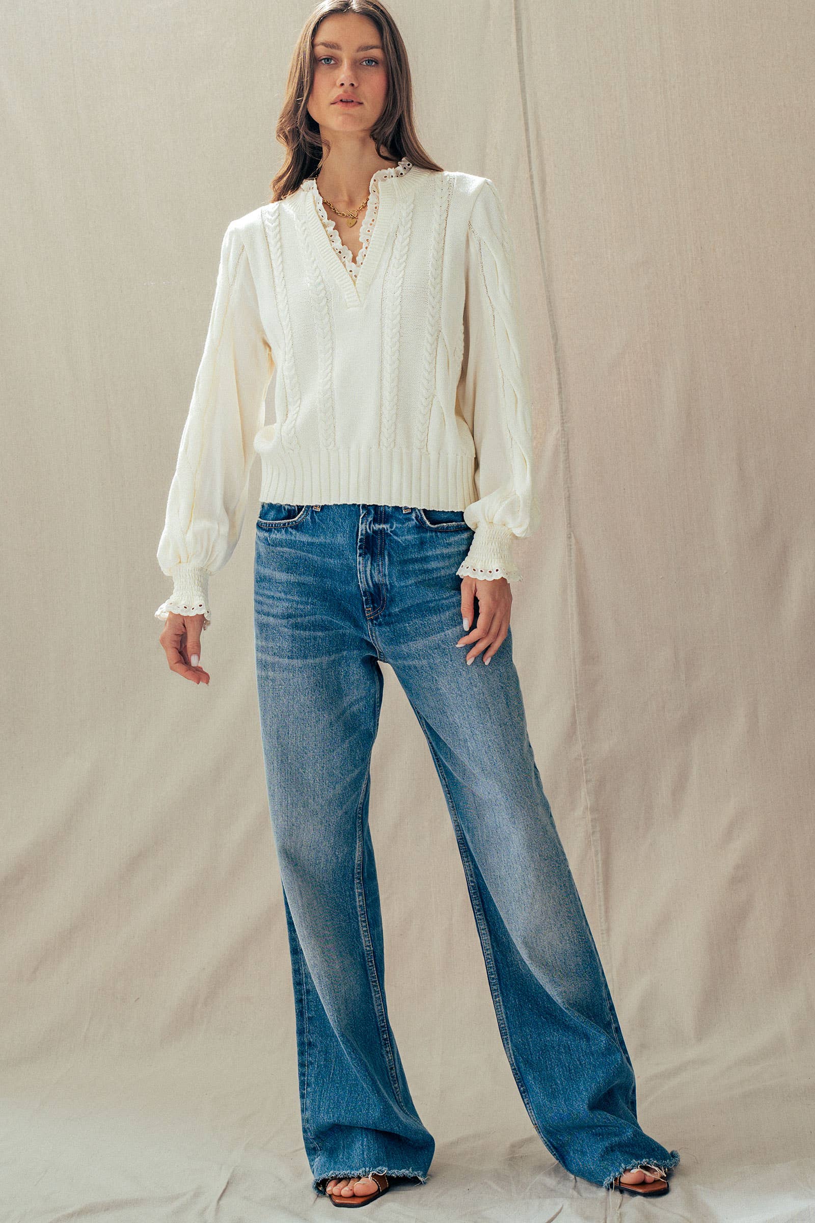 Lace Trim Cable Knit Pullover Sweater