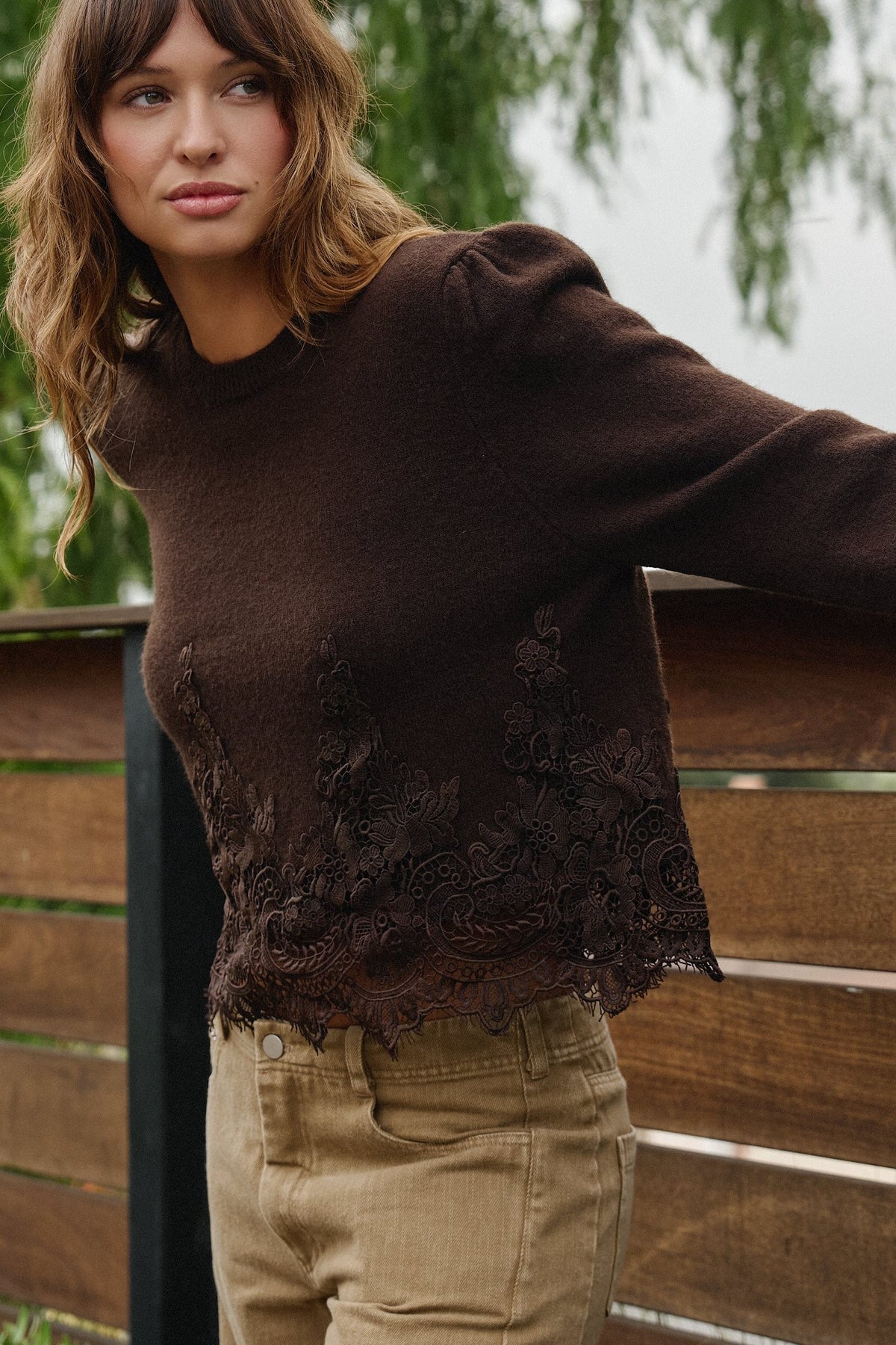Lace Trim Knit Sweater with Floral Hem Detail in BROWN - Women's Sweaters | Urban Daizy