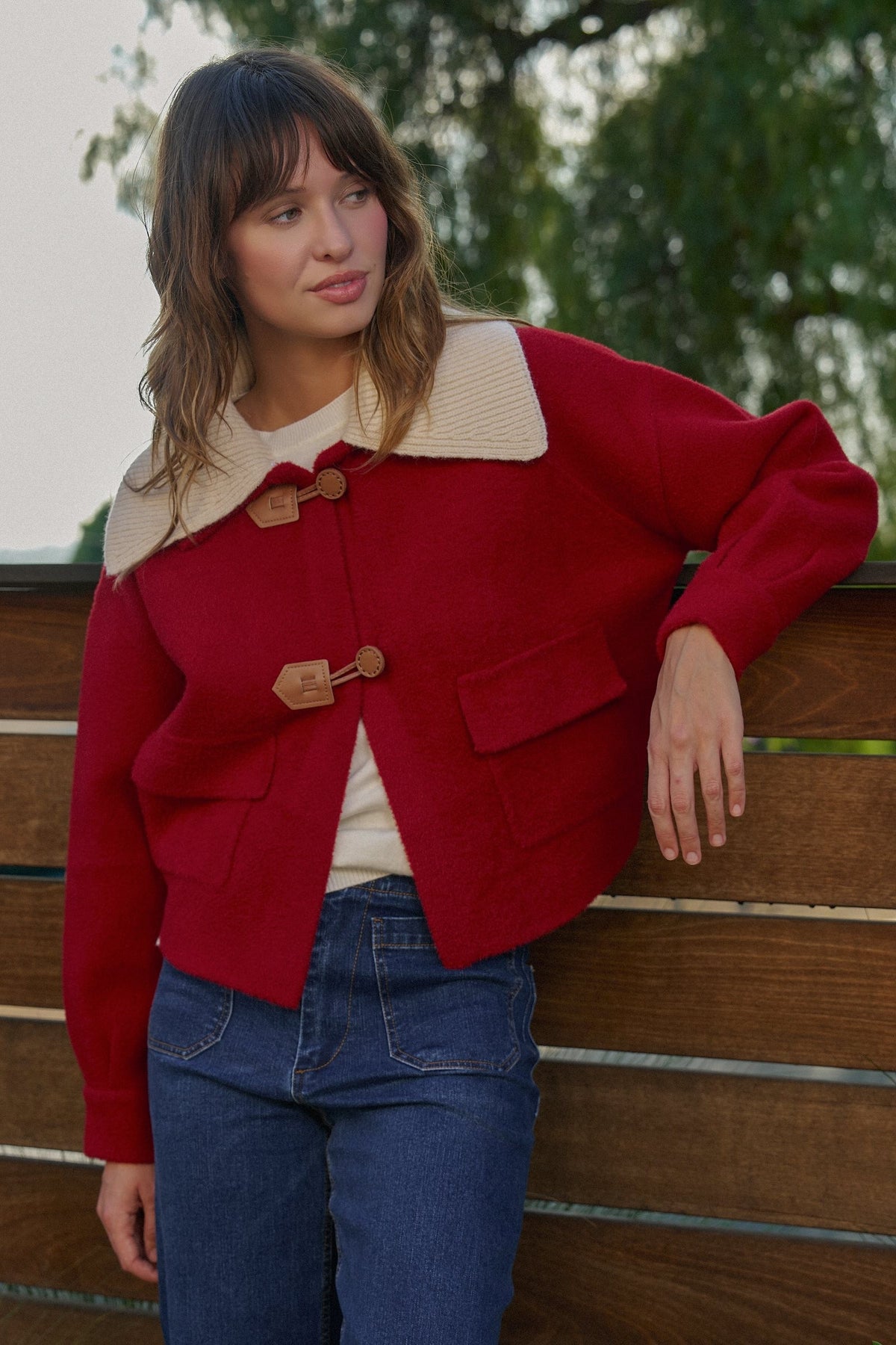 Toggle Front Sweater Jacket with Contrast Collar in RED - Women's Jackets & Blazers | Urban Daizy