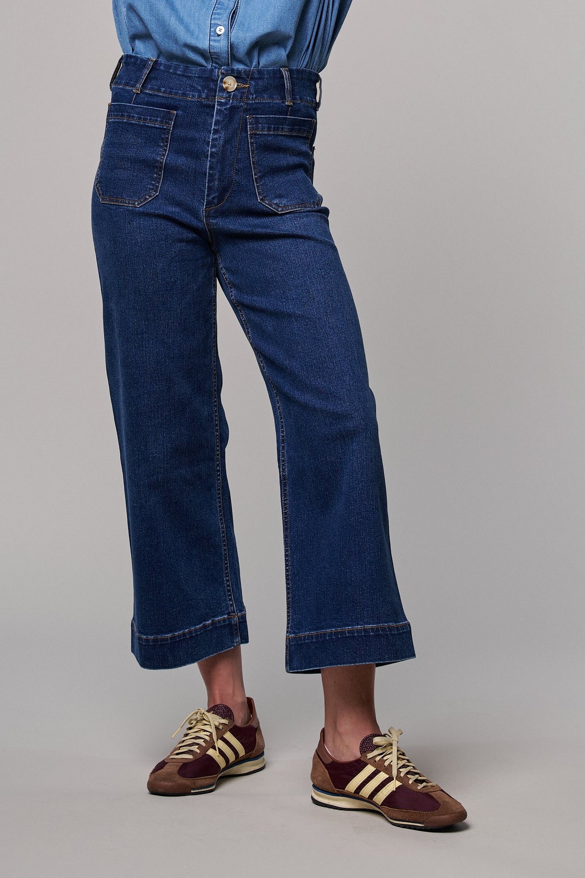 High Waist Wide Leg Denim with Patch Pockets in DENIM - Women's Casual Pants | Urban Daizy