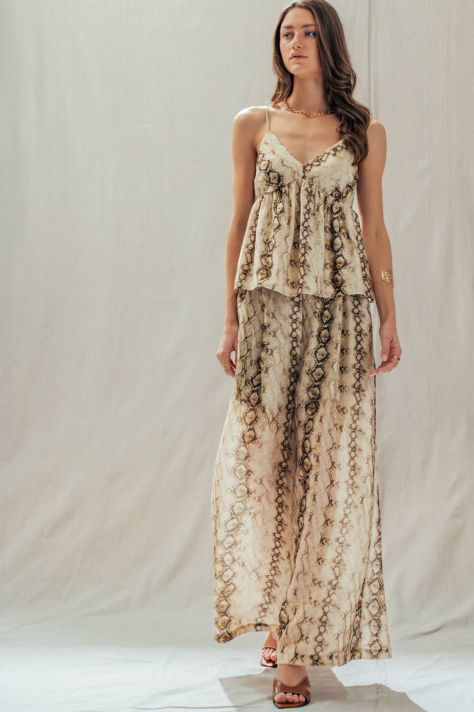 Snake Print Tencel Linen Babydoll Cami Top
