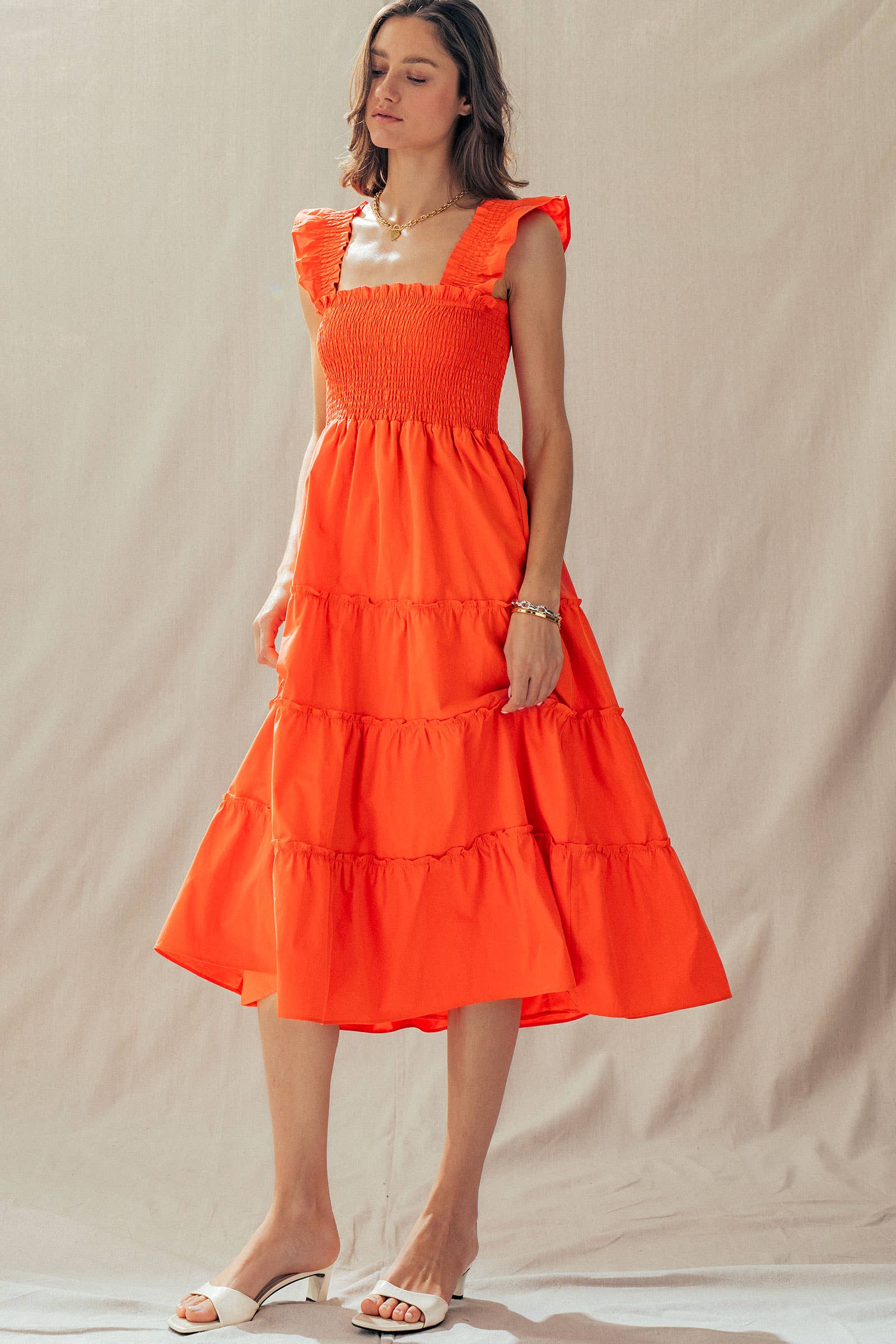 Cotton Smocked Tiered Midi Dress