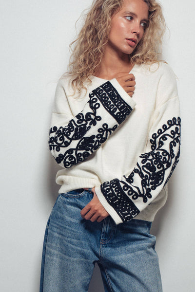 Embroidered Sleeve  Knit Sweater