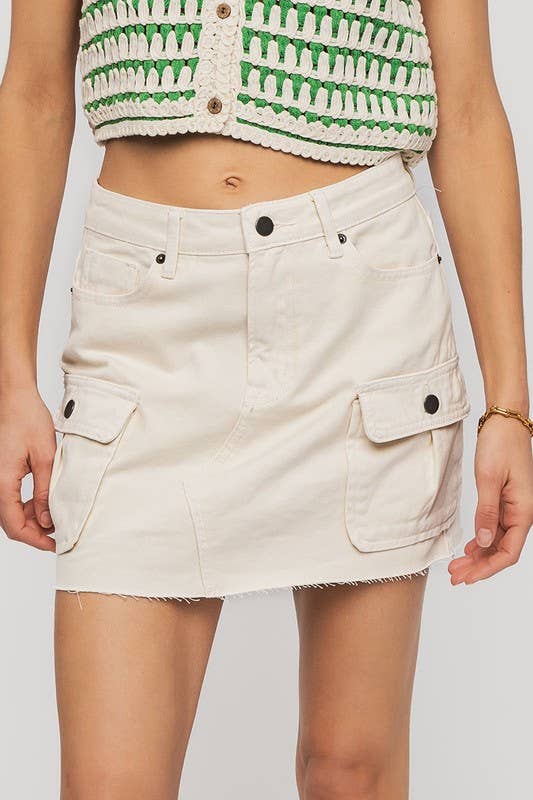 High Rise Raw Hem Utility Pocket Mini Cargo Skirt
