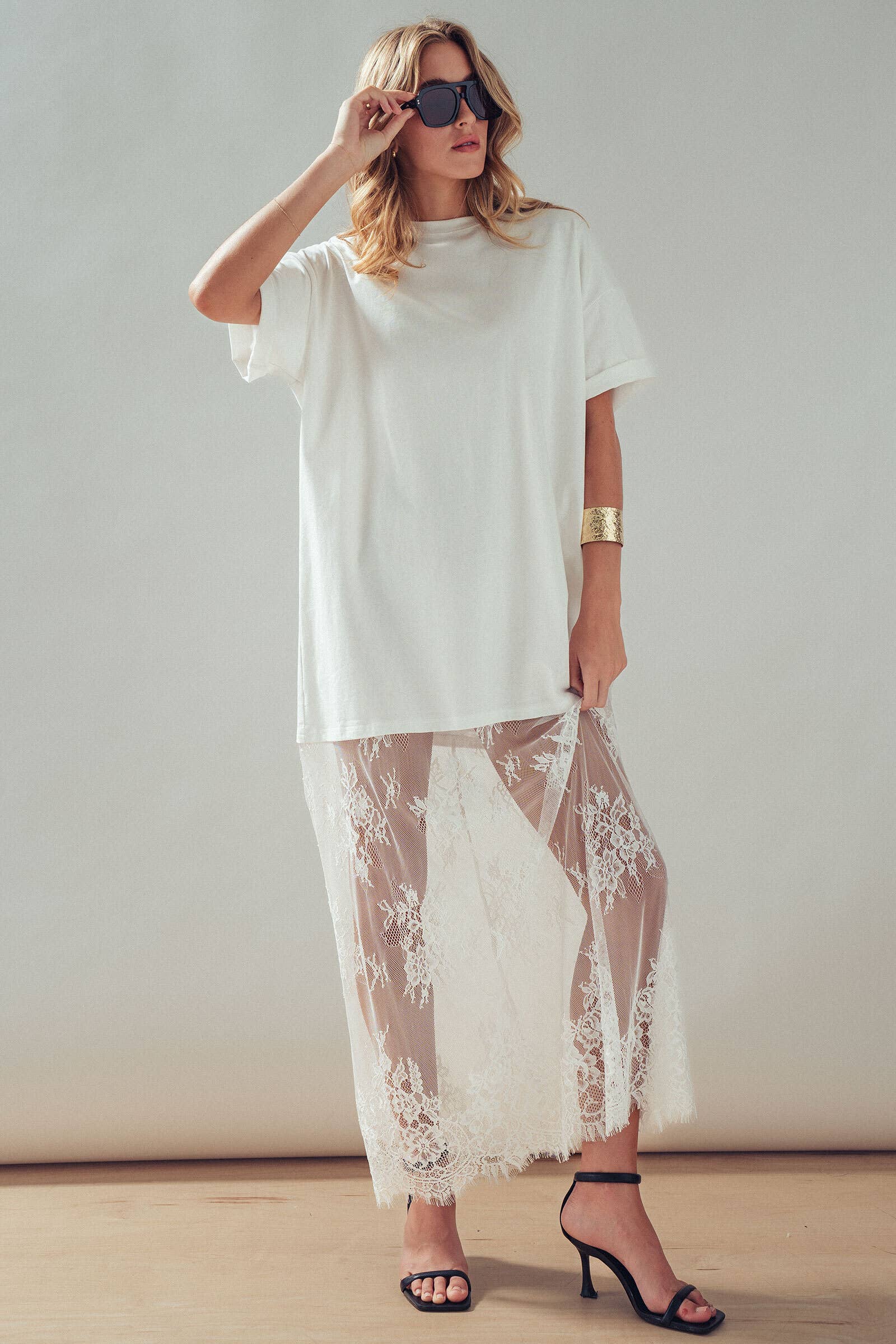 Mixed-Media T-Shirt Dress with Sheer Lace Skirt