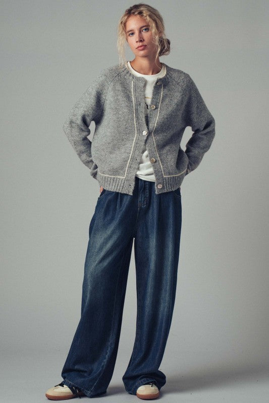 Wool Blend Sweater Cardigan with Statement Buttons in GREY - Women's Cardigans & Shrugs | Urban Daizy