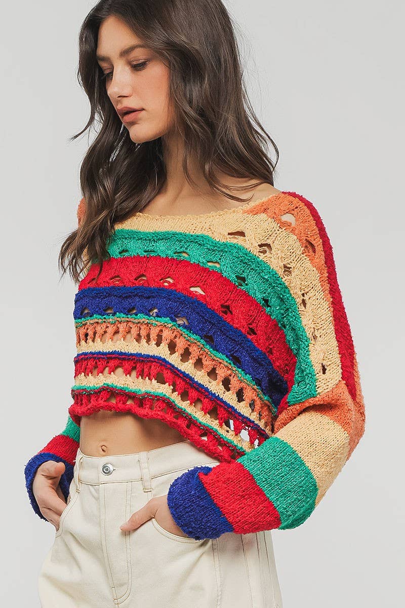 Urban Daizy Colorblock Crochet Knit Cropped Tie Back Sweater Muliti Knit Sweater - Women's (UDZ-KN-00357) – alternate view 9