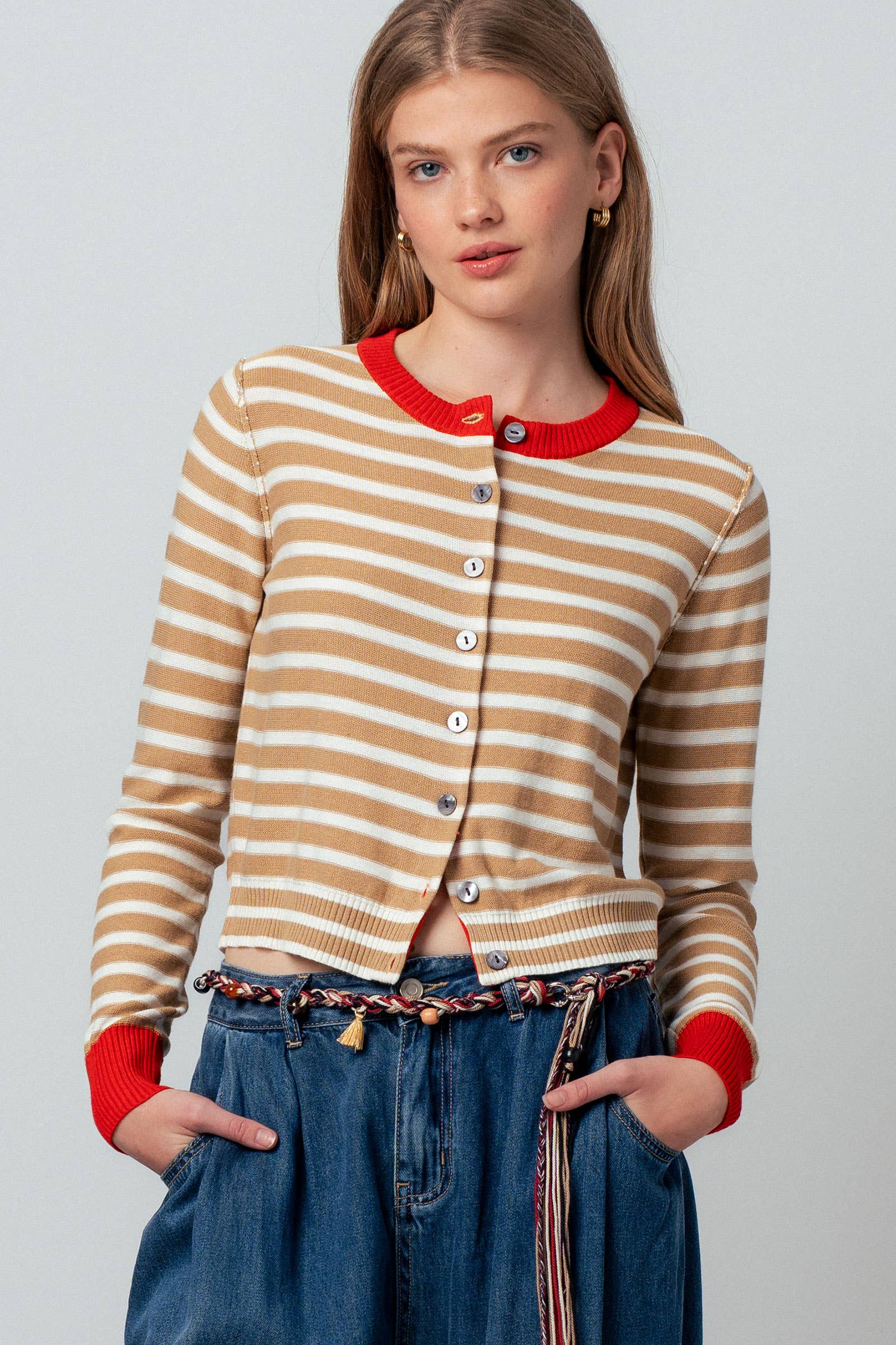 Striped Knit Cropped Button-Up Cardigan