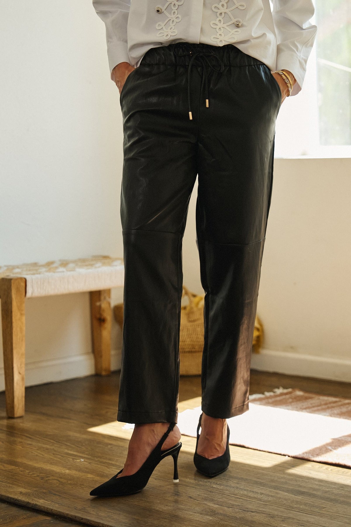 Faux Leather Drawstring Jogger Pants in BLACK - Women's Casual Pants | Urban Daizy