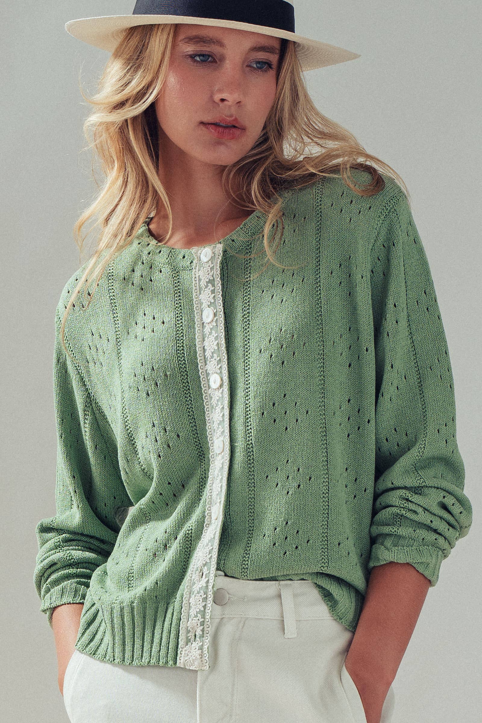 Urban Daizy Pointelle Knit Cardigan Lace Trim Button Down Green Cardigan - Women's (UDZ-KN-01051)