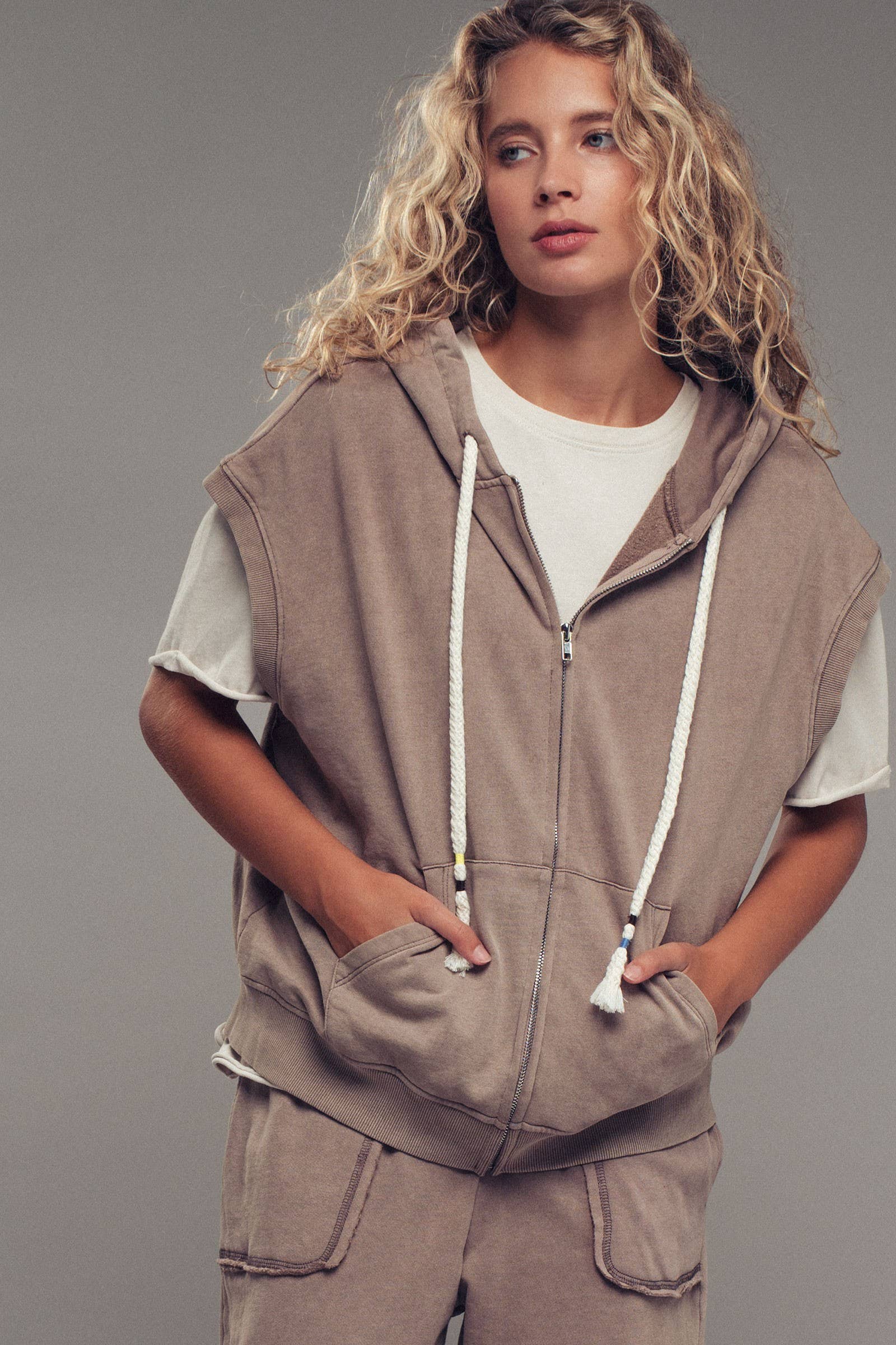 Vintage-Wash Sleeveless Terry Hoodie