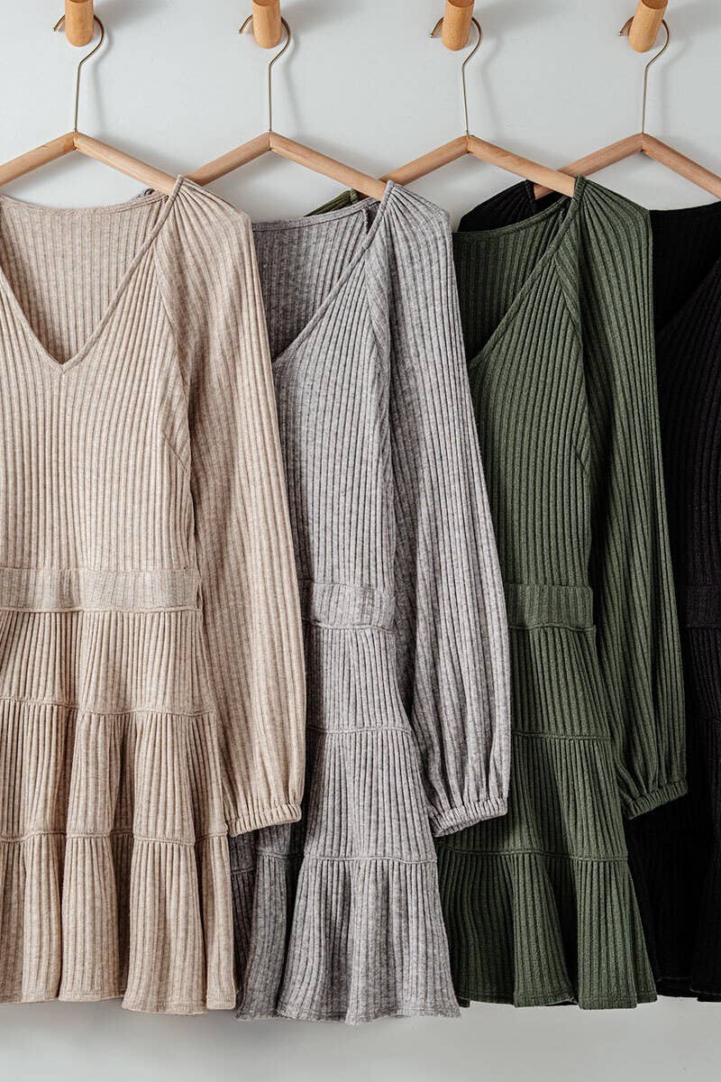 Cashmere Ribbed V-Neck Tiered Mini Dress