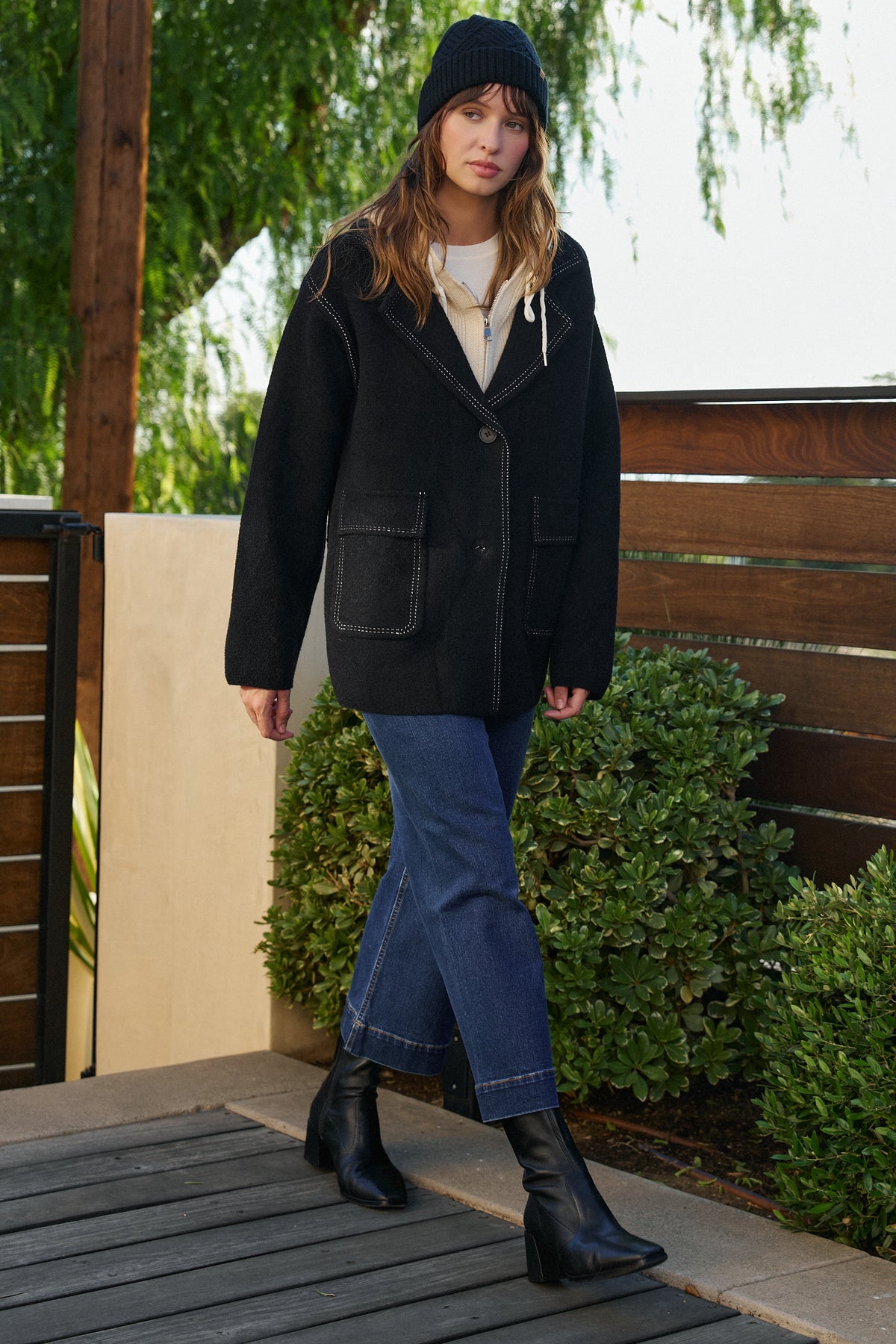 Wool Blend Knit Coat with Zip Hood