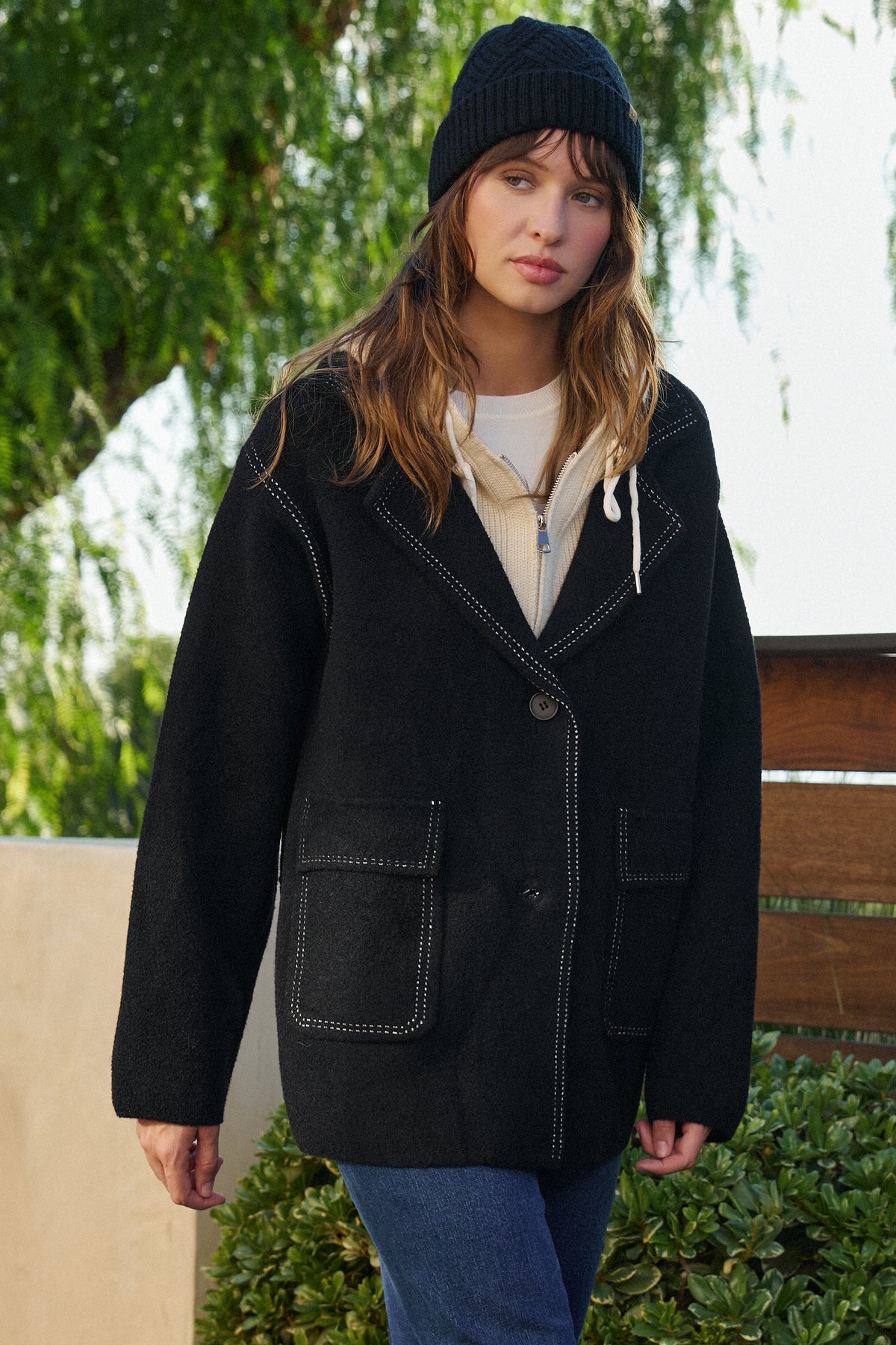Wool Blend Knit Coat with Zip Hood