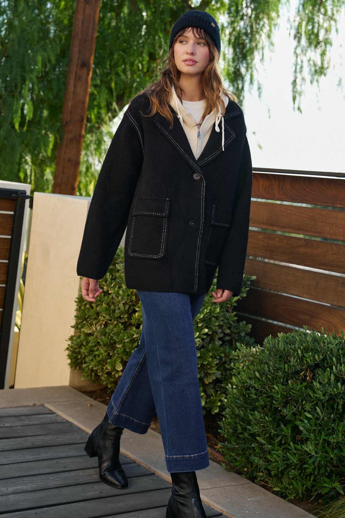Wool Blend Knit Coat with Zip Hood