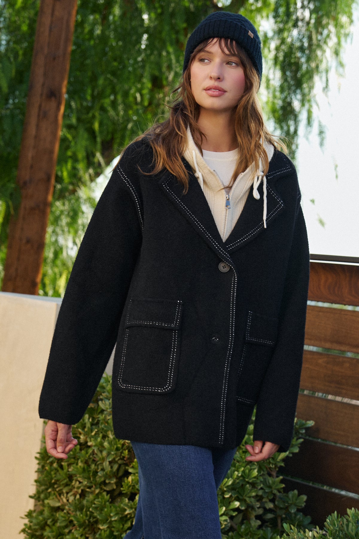 Wool Blend Knit Coat with Zip Hood