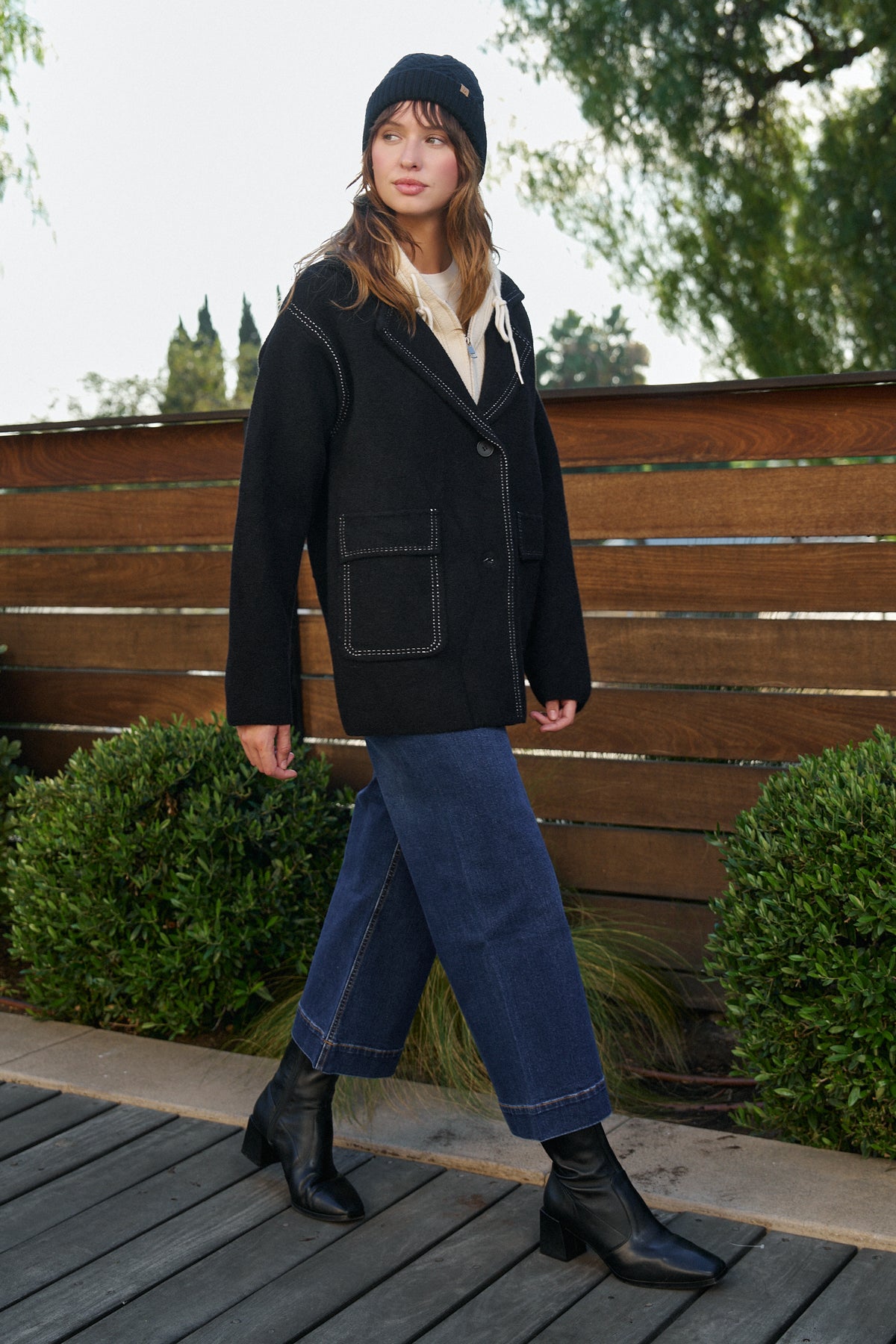 Wool Blend Knit Coat with Zip Hood