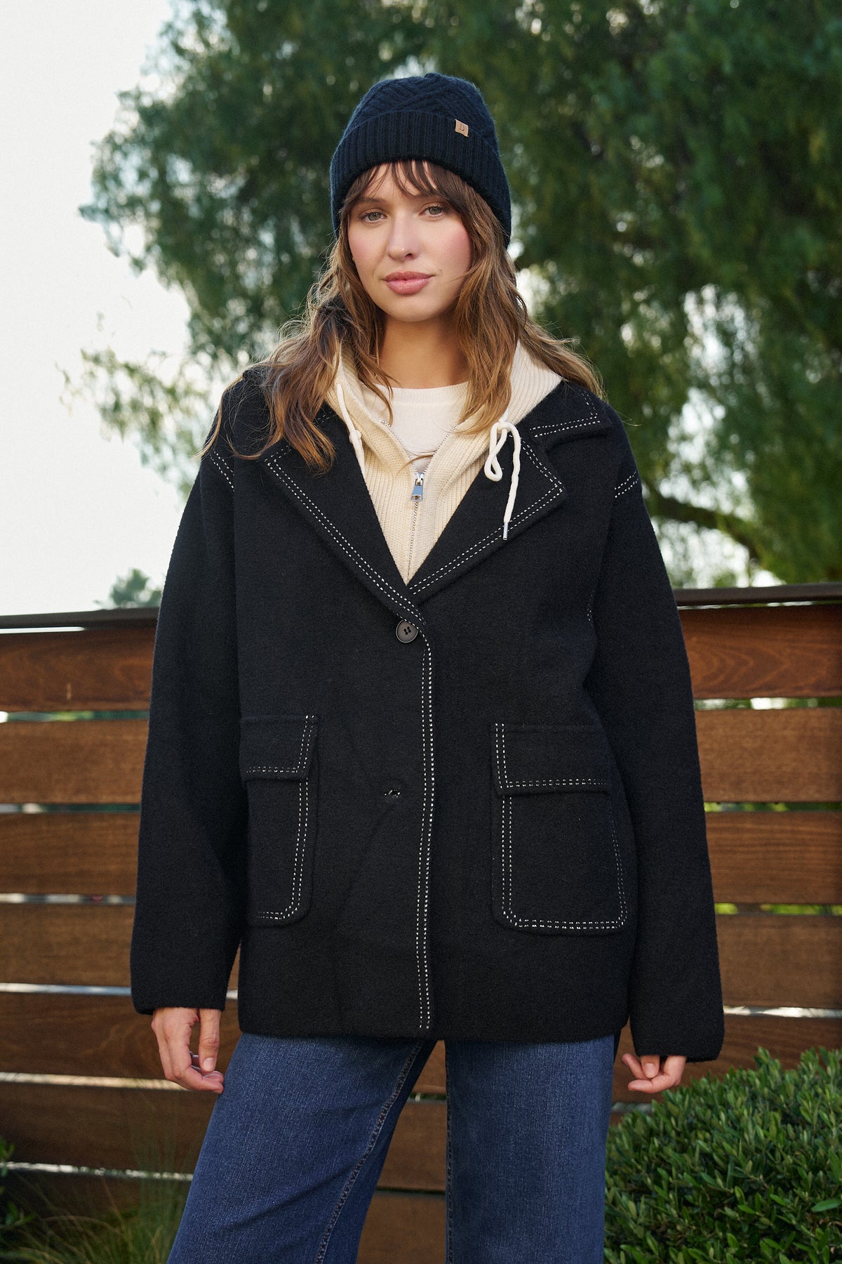 Wool Blend Knit Coat with Zip Hood